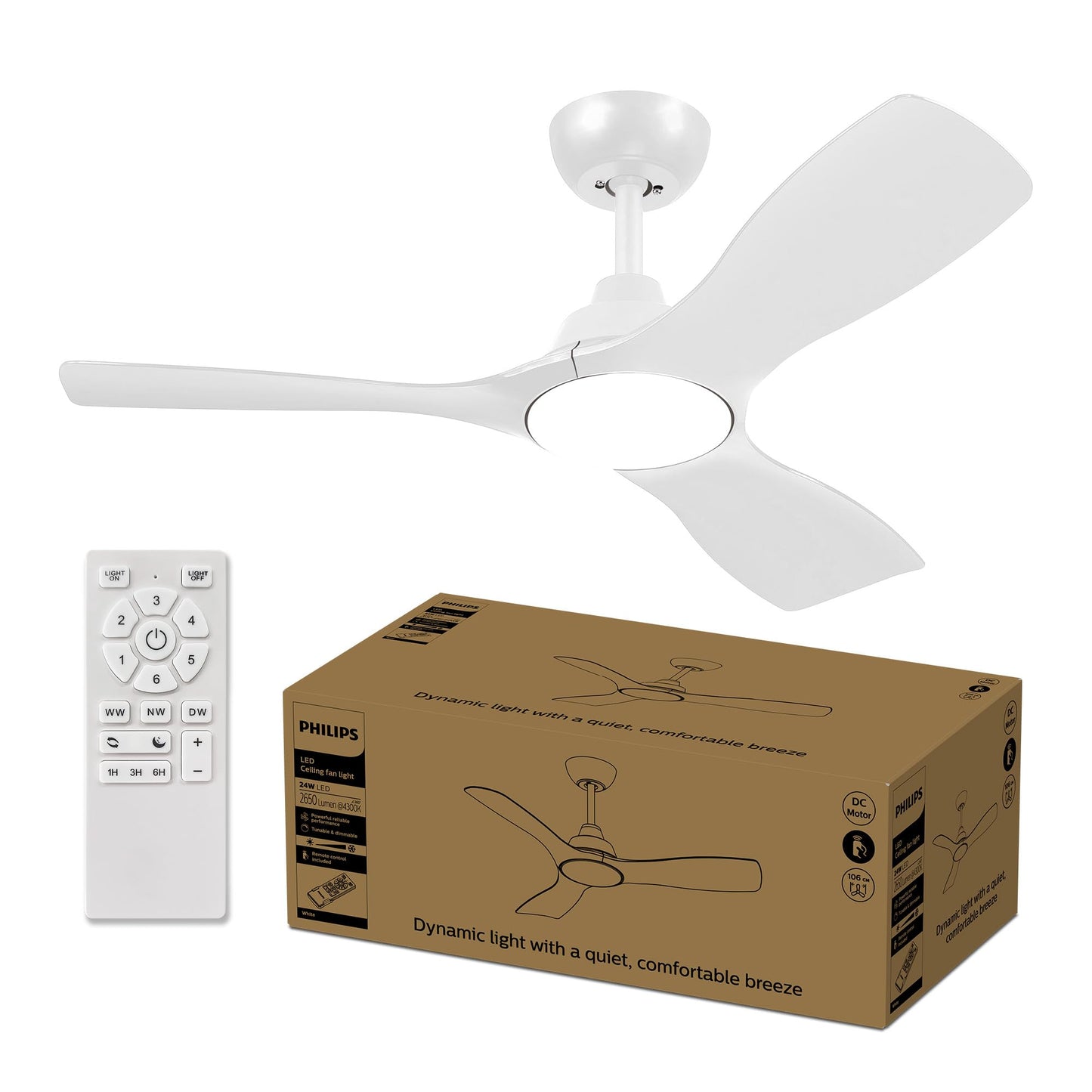PHILIPS Fixed Blade Ceiling Fan, 3 Blades, Small (42"), 28W LED Light, DC Motor, Color Temperature Range (3000K, 4300K, 6500K) with Dimming Function, Remote Control Included - 929004641111