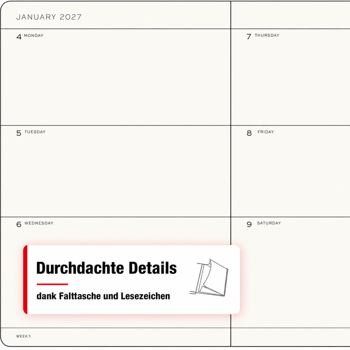 LEUCHTTURM1917 Calendar săptămânal 2027 Mediu (A5) - engleză, cireș, copertă moale, 145 x 210 mm, 12 luni - ianuarie-decembrie 2027, 1 săptămână pe pagină dublă, hârtie de 80 g/m² cu compatibilitate ridicată cu cerneală - 400295