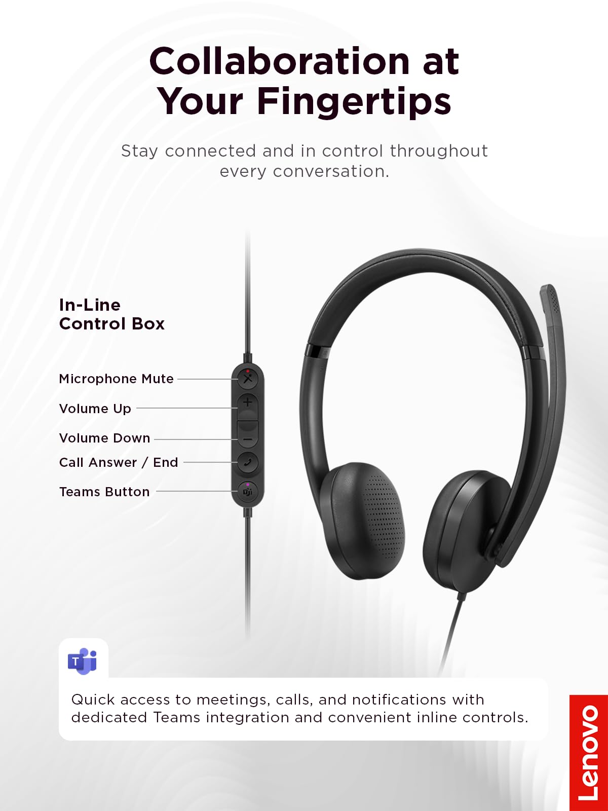 Lenovo 5000 - Cască - Pe ureche - cablu - USB-C - Negru - Certificat pentru Microsoft Teams - 4XD1R88995