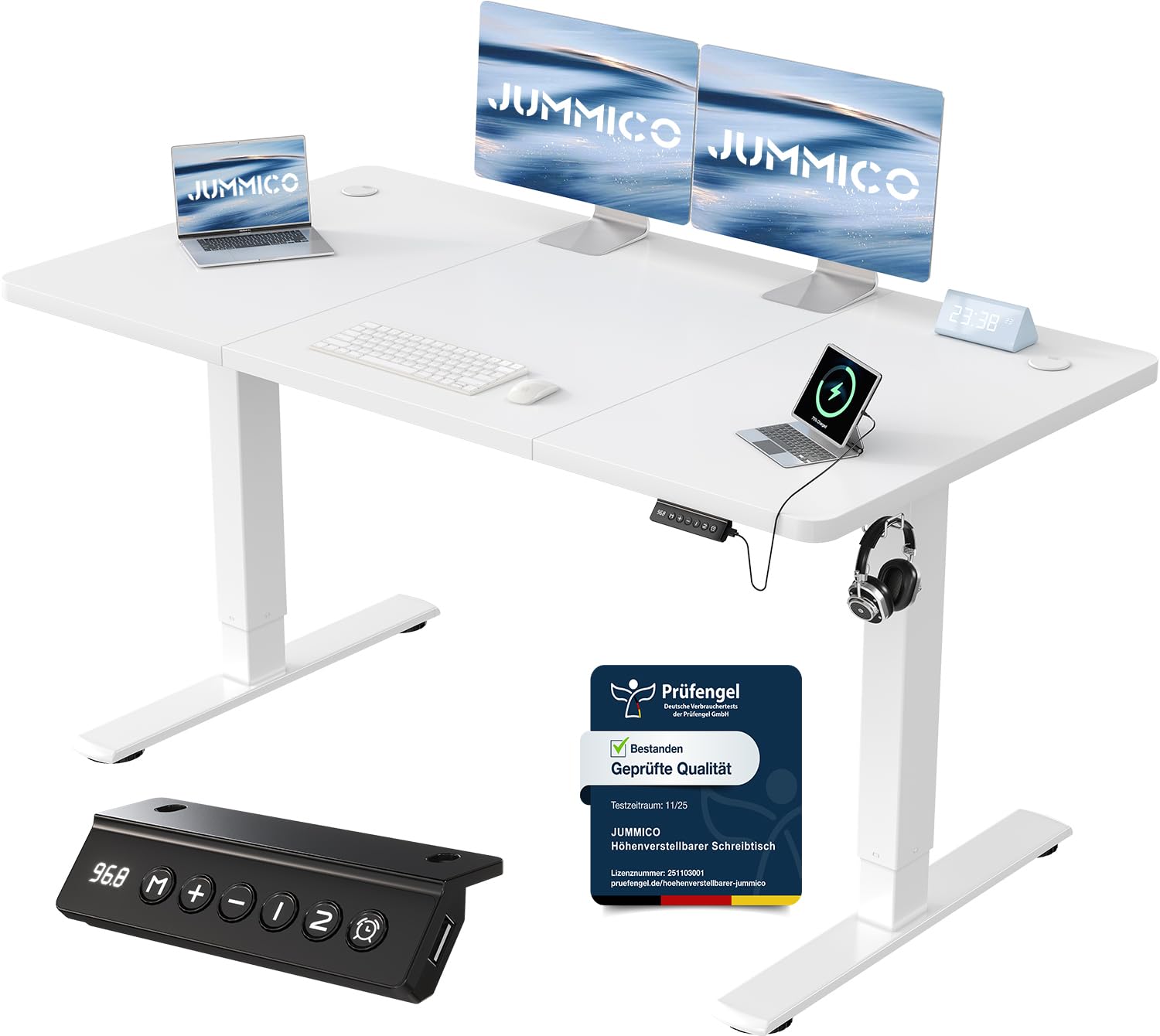 JUMMICO Birou reglabil pe înălțime cu port de încărcare USB, birou electric reglabil pe înălțime 140 x 60 cm, masă stand-sit, birou standing, masă reglabilă pentru computer, birou standing, alb - 0403