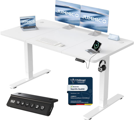 JUMMICO Birou reglabil pe înălțime cu port de încărcare USB, birou electric reglabil pe înălțime 140 x 60 cm, masă stand-sit, birou standing, masă reglabilă pentru computer, birou standing, alb - 0403