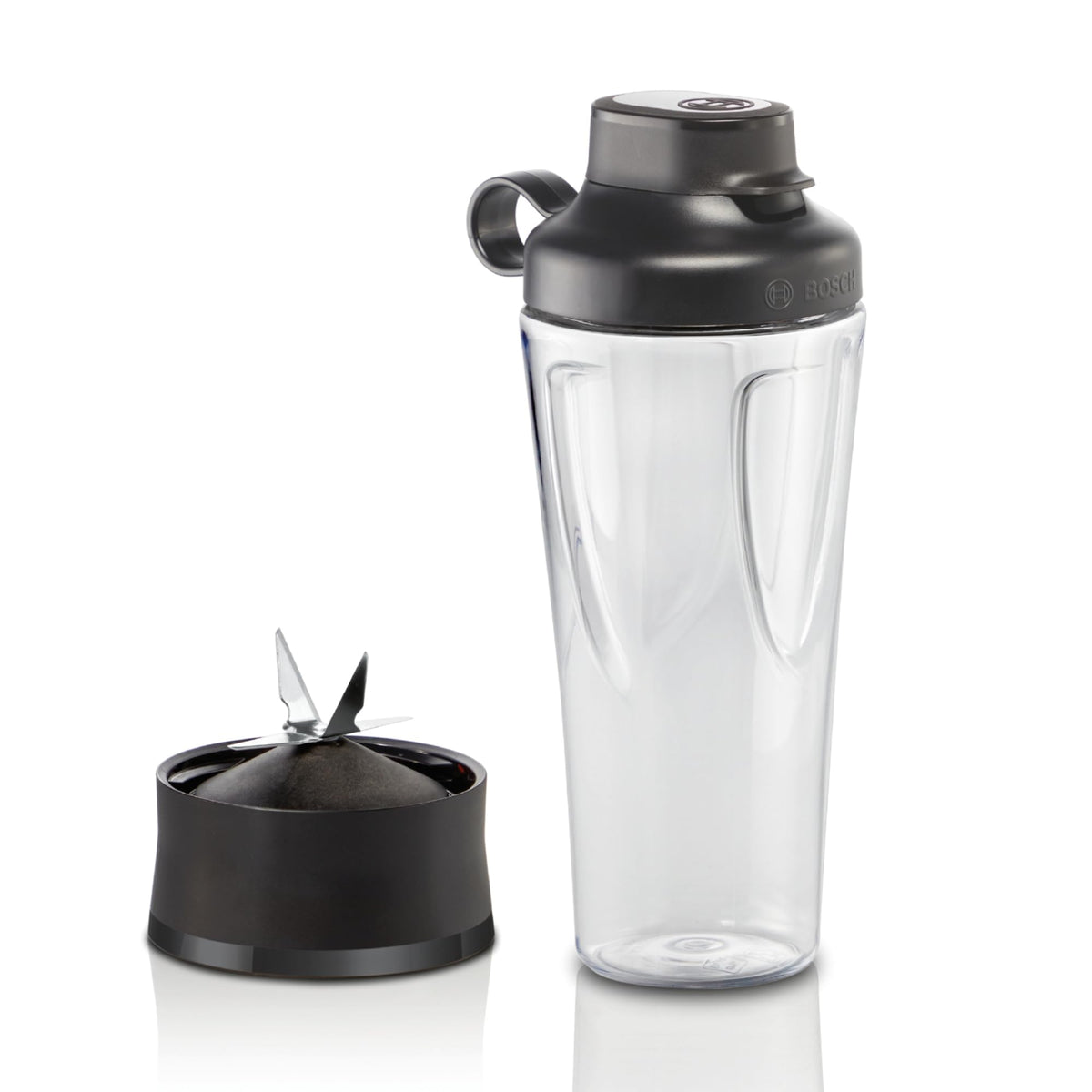 Set de accesorii Bosch MMZBTK1B din sticlă ToGo și cuțit, pentru robotul de bucătărie OptiMUM/Serie 6 / Serie 8, blenderul vertical VitaPower Serie 4 / Serie 2, 600 ml, rezistent la șocuri, cu capac, lavabil în mașina de spălat vase.