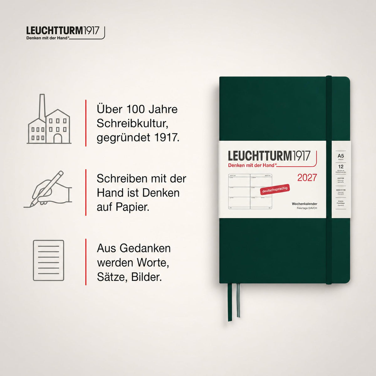 LEUCHTTURM1917 Calendar săptămânal 2027 Mediu (A5) - Germană, Verde pădure, Hardcover, 12 luni - ianuarie-decembrie 2027, 1 săptămână pe pagină dublă, hârtie de 80 g/m² cu compatibilitate ridicată cu cerneală - 400106