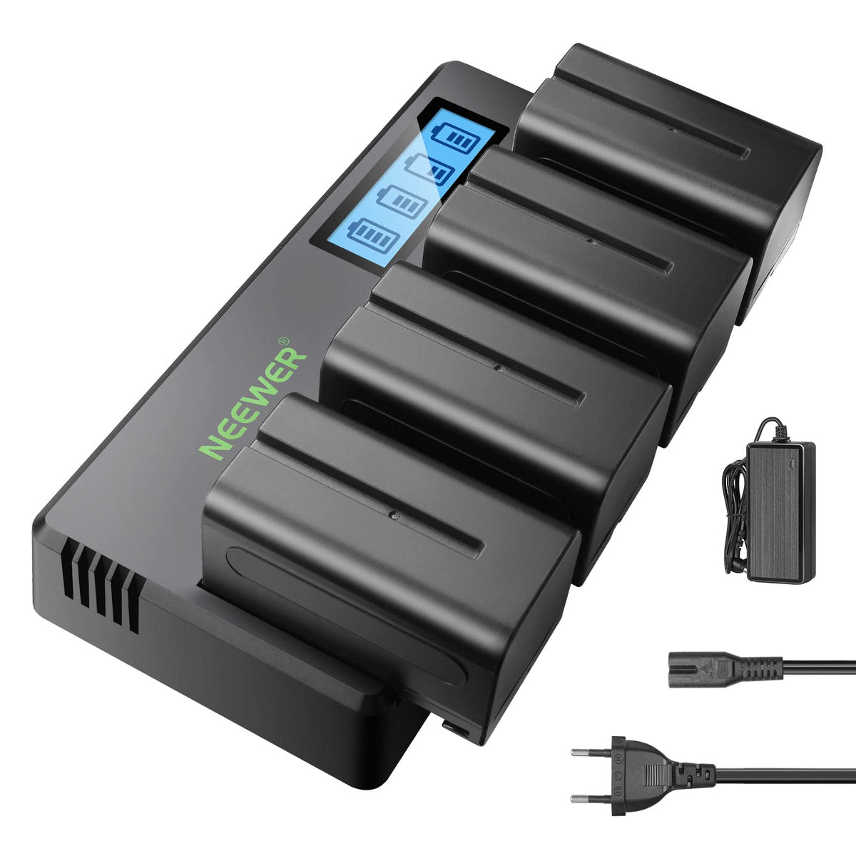 NEEWER 4-Pack NP F750 Replacement Batteries 7.4V 5600mAh with 4-Channel Charger and Power Supply, compatible with NP-F550/750/770/970 FM500H QM71D QM91D, Field Monitor, Video Light - 10101327