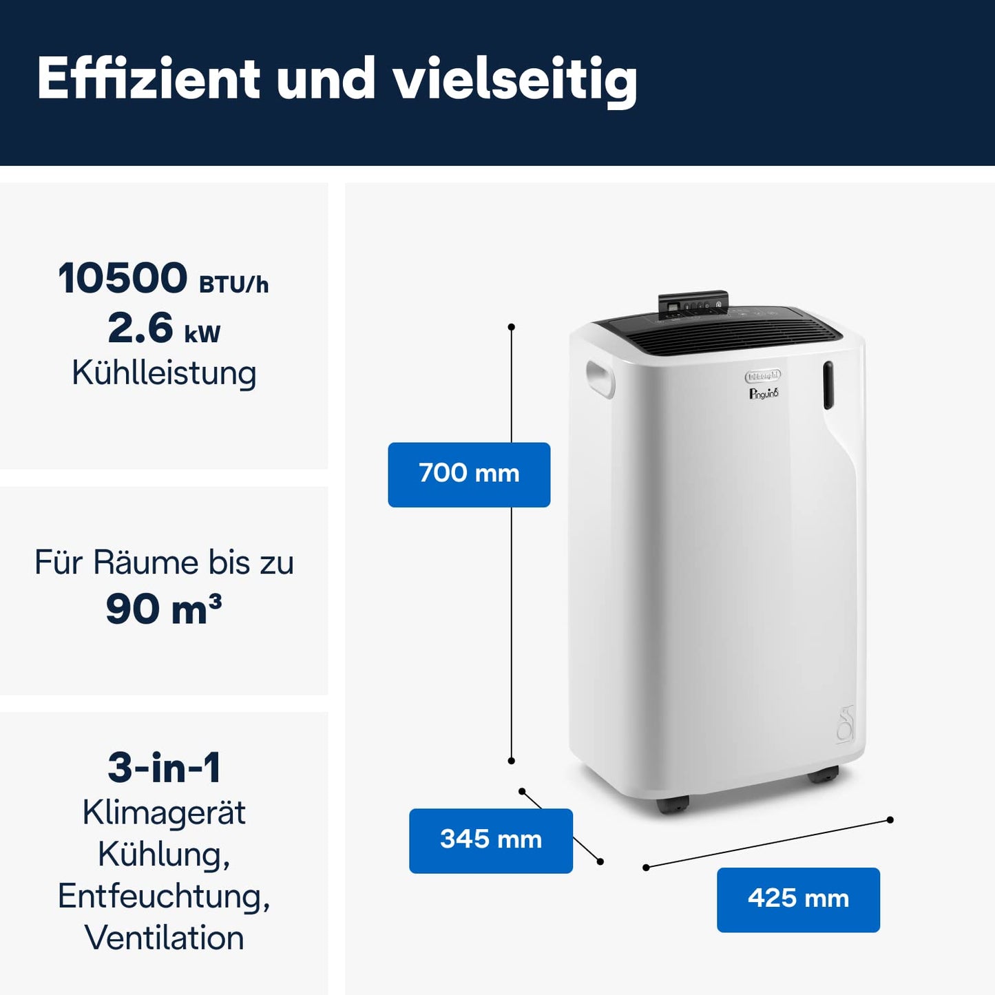 De'Longhi Pinguino Silent - Mobile air conditioning unit, for rooms up to 32.5 m², with dehumidifier & fan, 10500 BTU, quiet operation, remote control, 24h timer, energy efficiency class A (PACEM93K.1) - PACEM93K.1SILENT