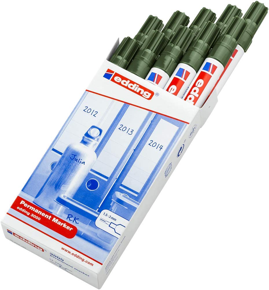 edding 3000 permanent marker - olive-green - 10 pens - round tip 1.5-3 mm - quick-drying permanent marker - waterproof, smudge-proof - for cardboard, plastic, wood, metal - universal marker - 4-3000015