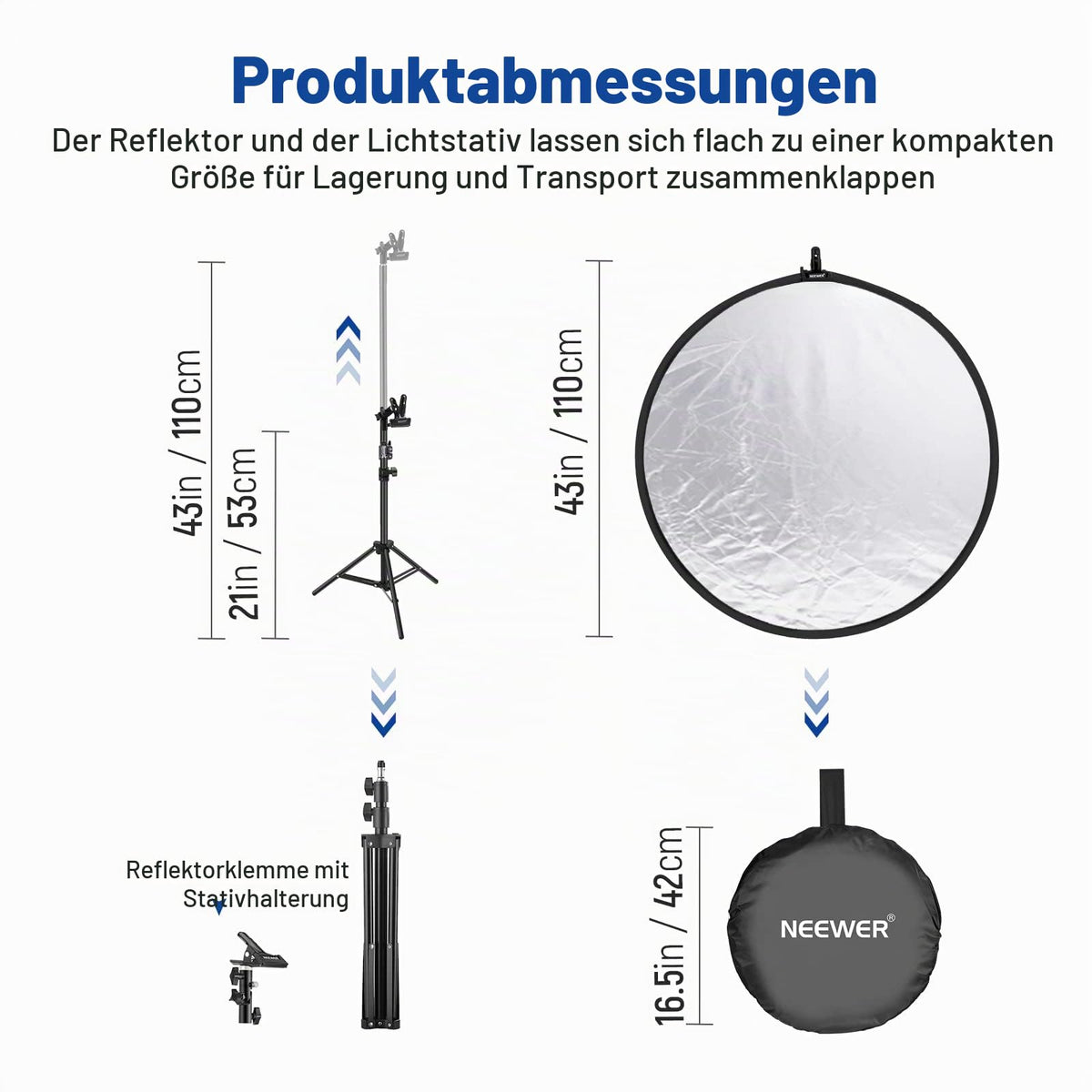 NEEWER 110cm light reflector set, 5 in 1 foldable round reflector (translucent/silver/gold/white/black) with clamp, mounting adapter and 53-110cm stand, for low angle children's photography - 10101016