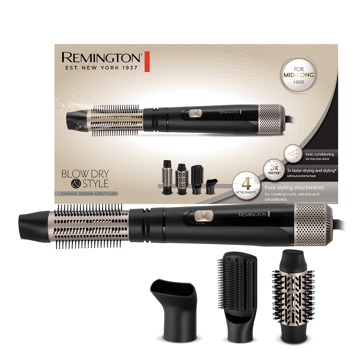 Remington Warmluftbürste [incl. 4 accesorii: perie rotundă de 38mm&50mm, duză de styling, perie plată] Uscare&Stilizare (bucle, volum&stiluri netede pentru părul de lungime medie) îngrijire cu ioni, nivel de răcire, 1000W, AS7500