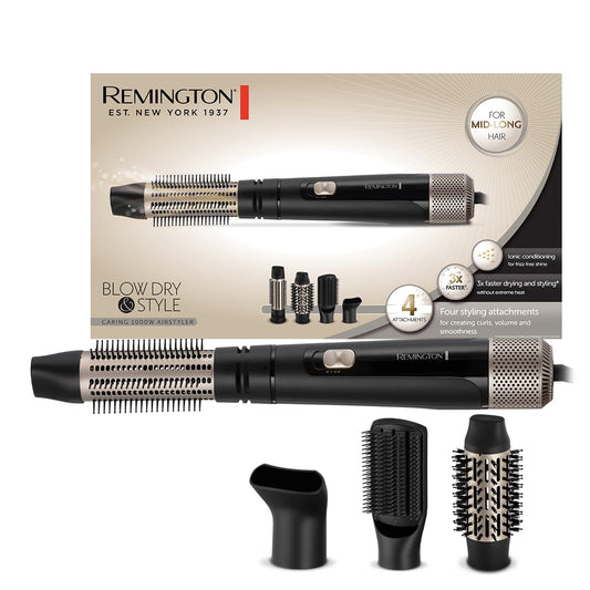Remington Warm Air Brush [includes 4 attachments: 38mm & 50mm round brush, styling nozzle, flat brush] Blow Dry & Style (curls, volume & smooth styles for medium-length hair) ion care, cool setting, 1000W, AS7500