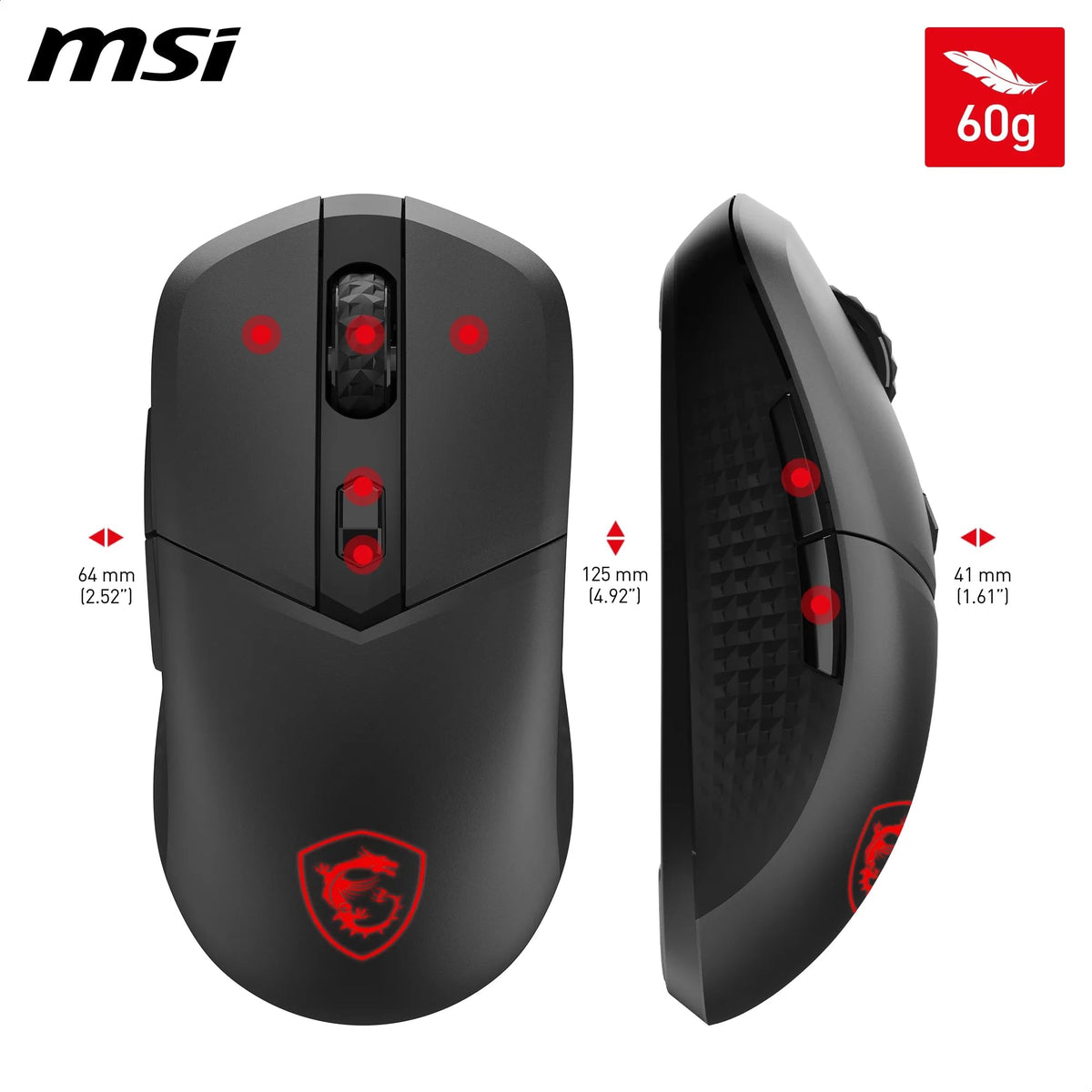 MSI Versa 300 Wireless Gaming Mouse – 8000 DPI optical sensor, 1000 Hz polling rate, symmetrical design, 30M+ clicks, 6 buttons, 50-hour battery life, 1 ms latency, 60 g – Wired/Wireless - S12-4301260-CLA