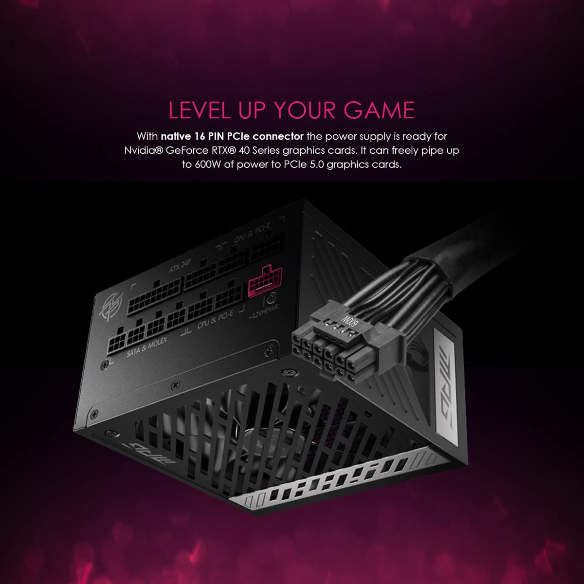 MSI MPG A850G PCIE5 Sursă de alimentare, conector EU - 850W, certificat 80 Plus Gold, complet modular ATX 3.0, suportă GPU PCIe 5.0, condensatori japonezi la 105°C, mod 0% RPM, cabluri plate
