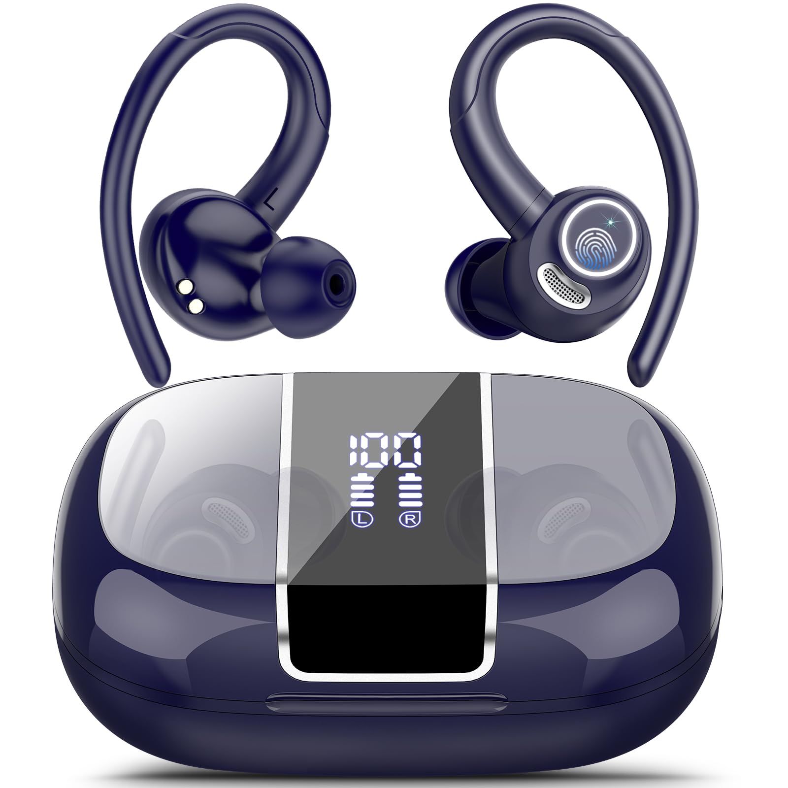 Csasan Bluetooth headphones sports, in-ear headphones, wireless Bluetooth 5.3 with ear hook, Hi-Fi stereo sound, 48 hour earbuds with 4 ENC noise canceling microphones, IPX7 waterproof earphones, blue - V90