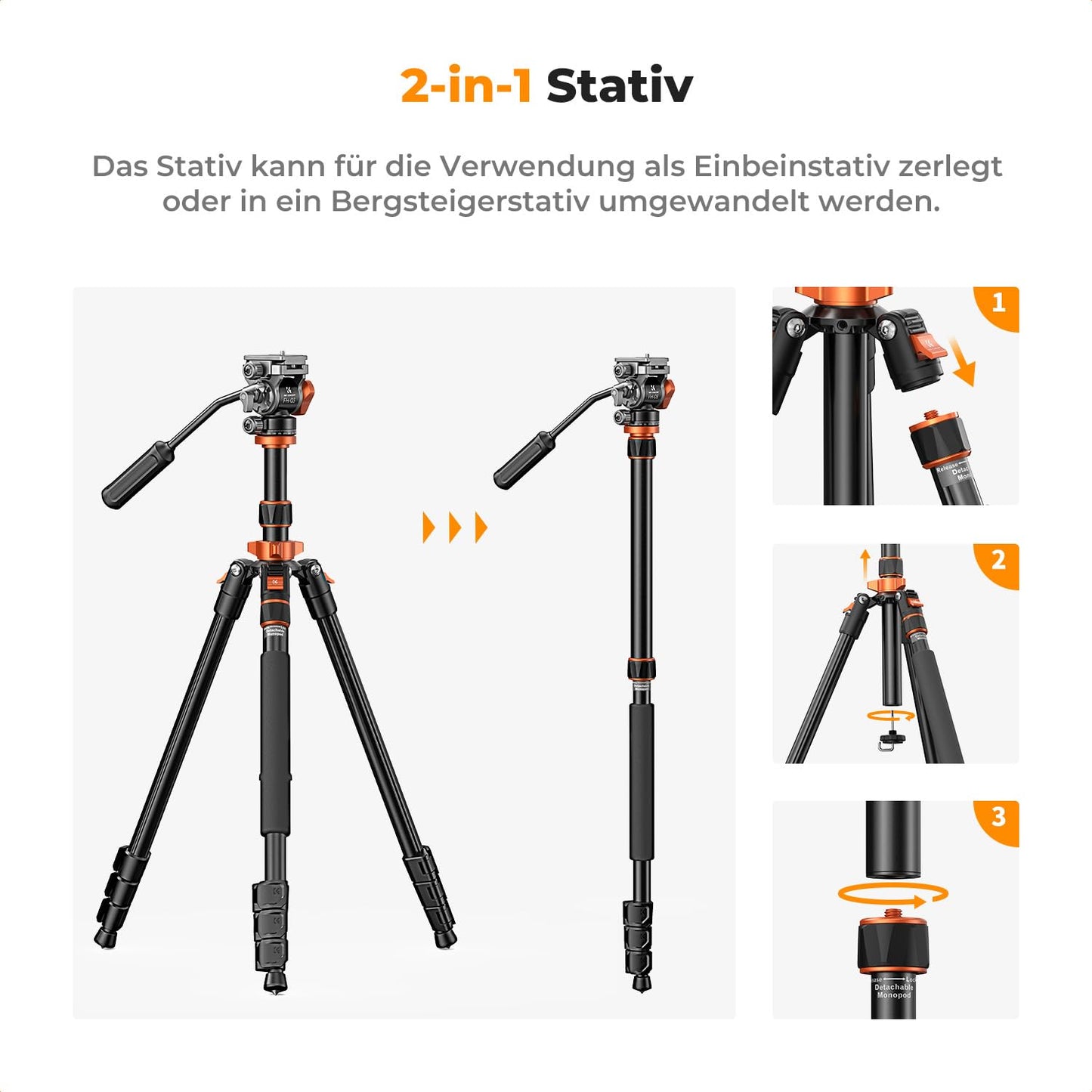 K&F CONCEPT black-orange video tripod video tripod with fluid head, 200cm tripod for on the go, with removable monopod, aluminum travel tripod K234A7+FH-03
