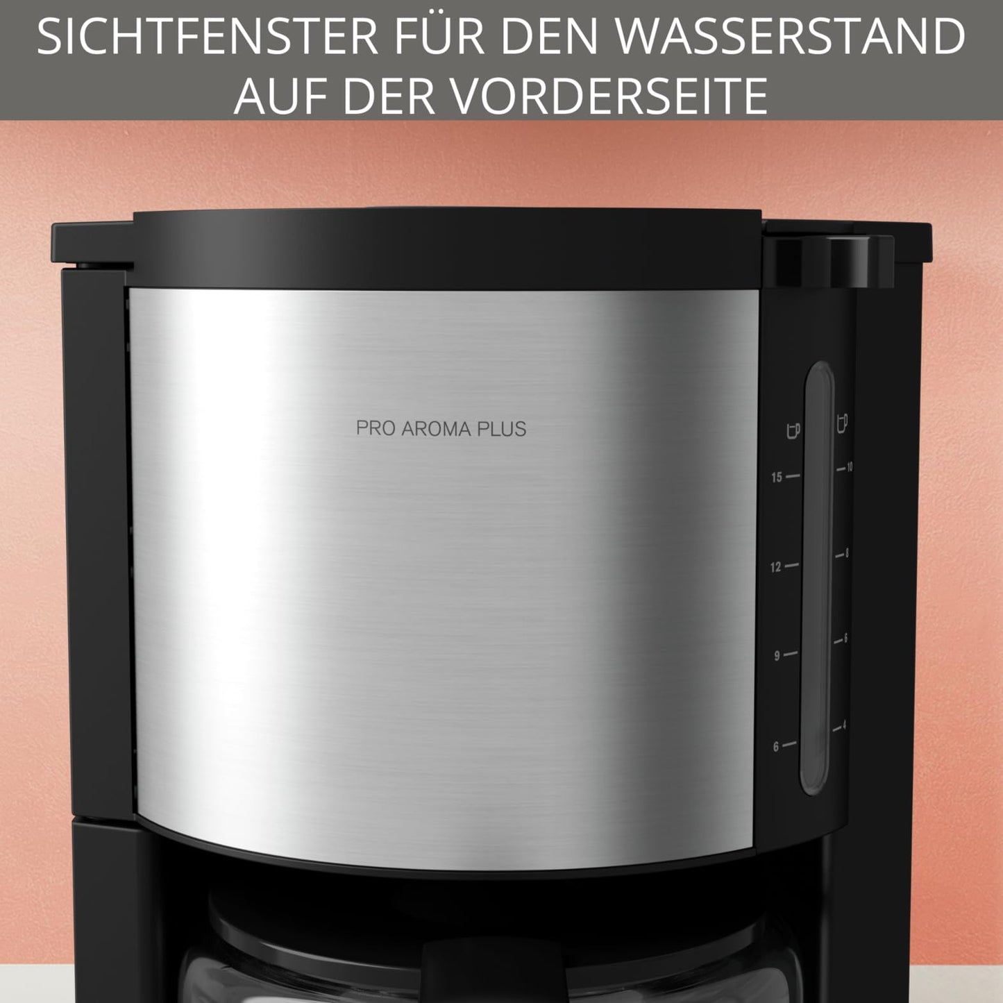 Krups KM3210 Pro Aroma Plus filter coffee machine, 10 cups, 1.25 L, 30-minute keep-warm function, visible water level window, drip stop system, black with stainless steel applications