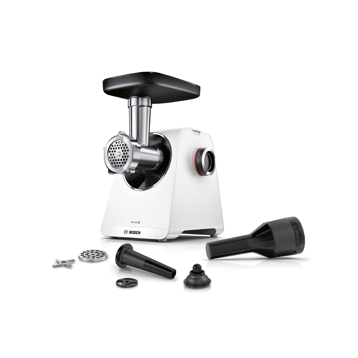 Bosch MultiPower Series 6 Meat Grinder MFWS607W, 2 grinding discs (4.5 and 8 mm), stainless steel, dishwasher safe, kebbe and sausage attachment, motor block power 2,100 W, white