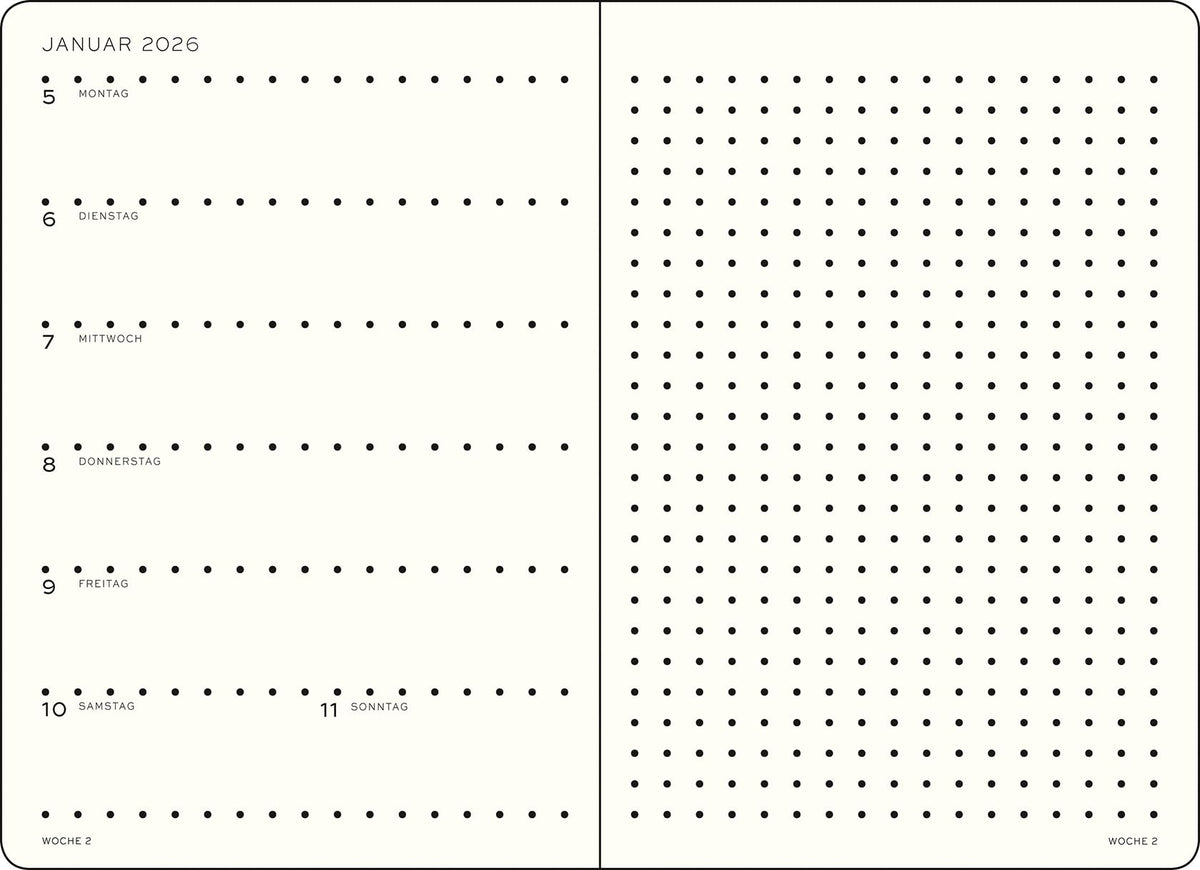 LEUCHTTURM1917 372519 Weekly Calendar & Notebook Dotted Medium (A5) 2026, 12 Months, Black, German