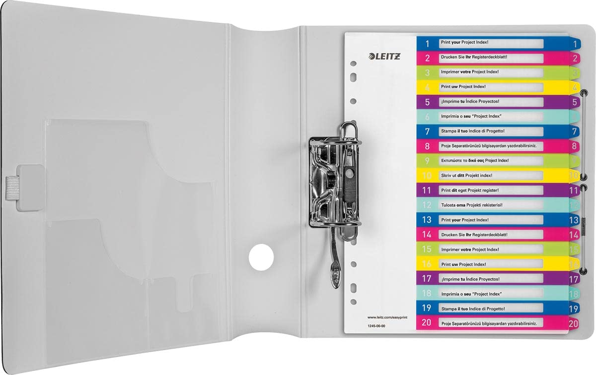 Leitz register for A4, pack of 6, PC-writable cover sheet and 20 dividers, tabs with numbers printed 1-20, extra width, multi-colored, polypropylene, WOW, 12450000 - 12450000-6