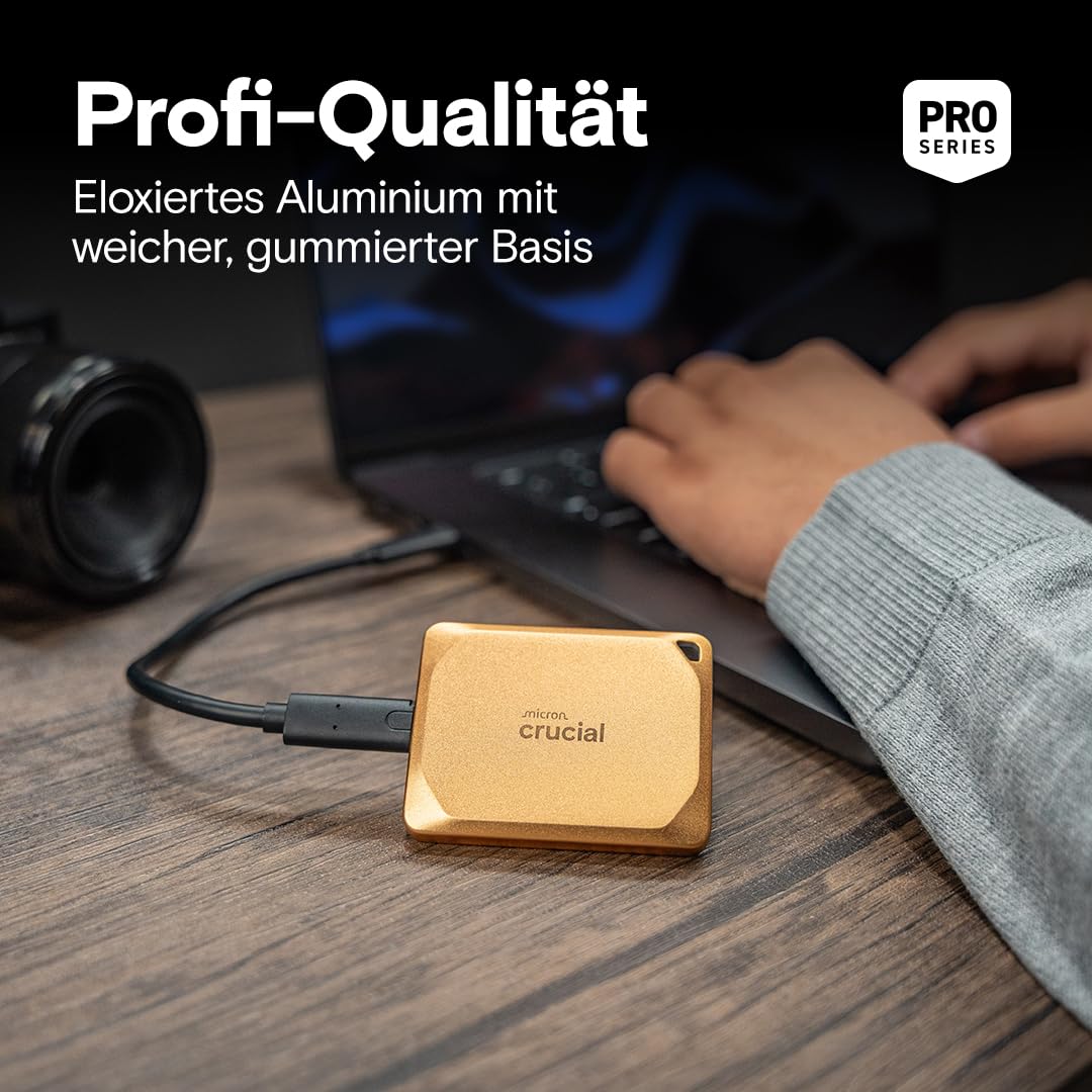 Crucial X10 Pro 2TB External SSD, up to 2,100MB/s read and 2,000MB/s write speeds, Portable Solid State Drive, water and dust resistant IP55, USB-C 3.2, Gold - CT2000X10PROSSD9D02