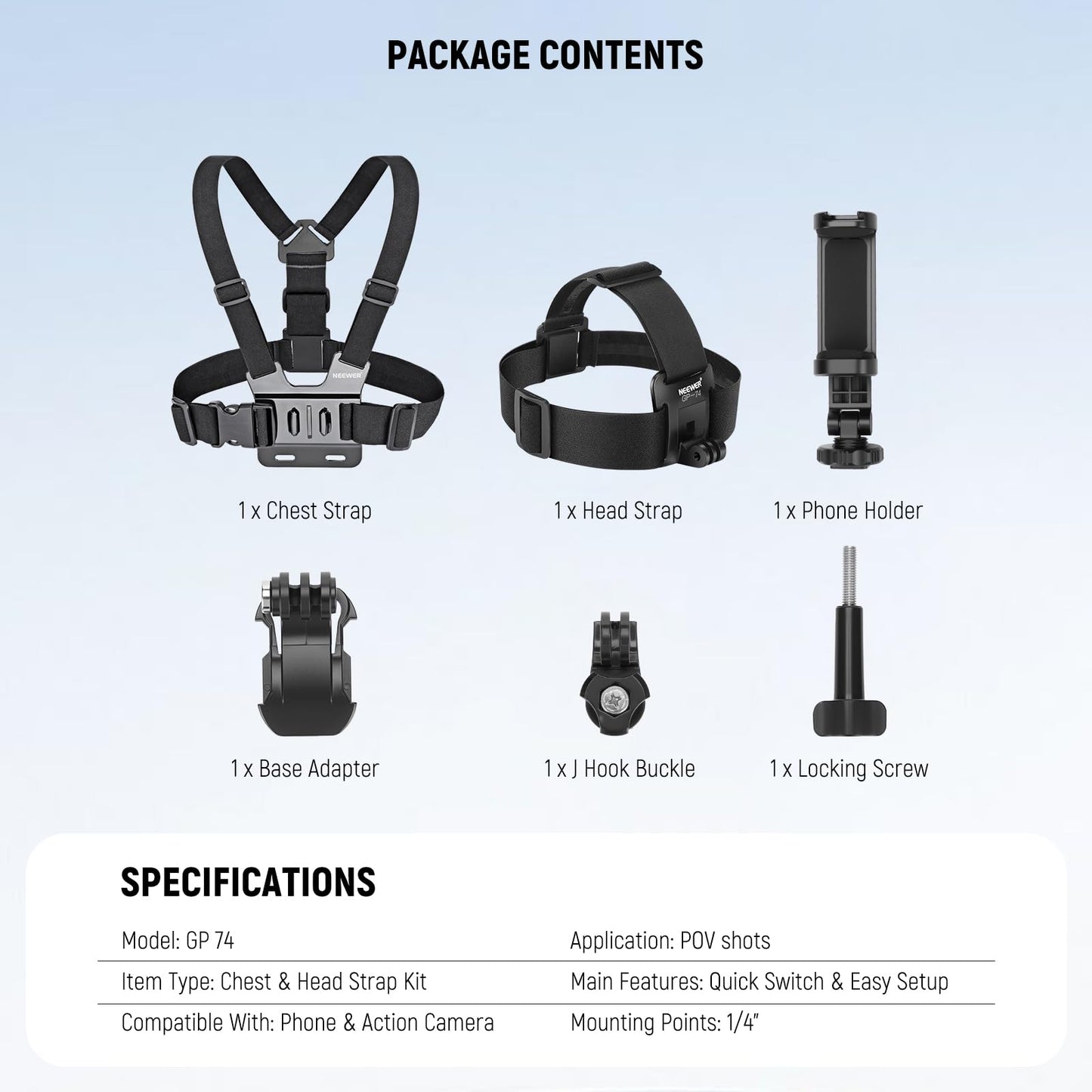 NEEWER Mobile Phone Chest Mount Head Strap Mount, Quick Release POV Vlog Accessory Set for Video Recording, Compatible with iPhone GoPro Hero Insta360 DJI AKASO Action Camera, GP-74