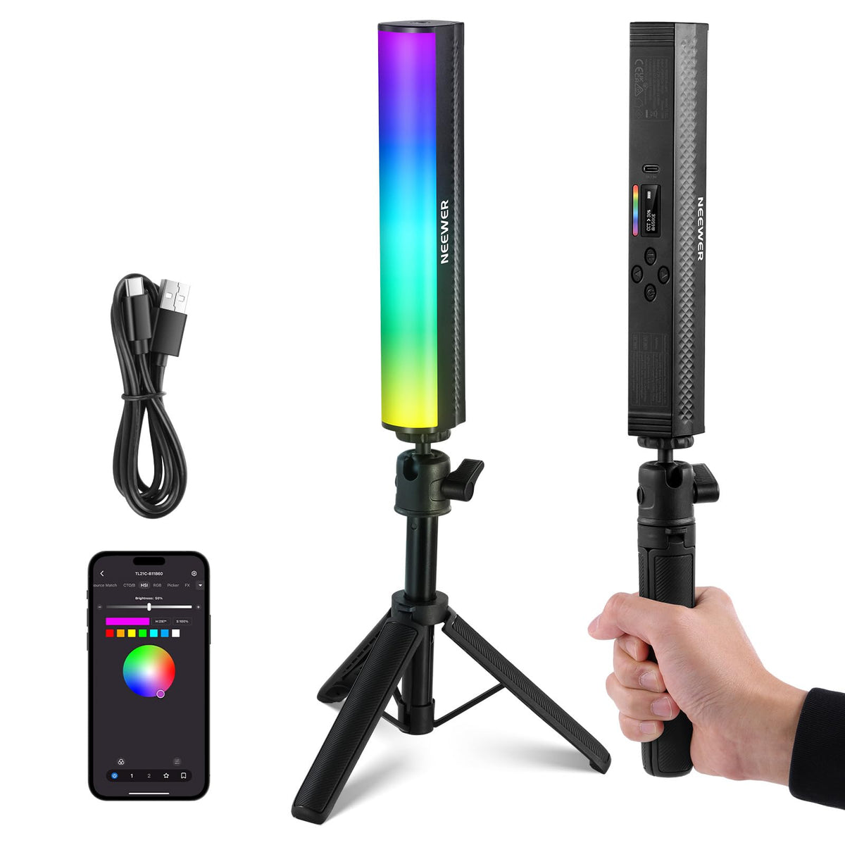 NEEWER RGB Light Stick with Table Tripod, APP controlled magnetic handheld photography video light stick, 2500K-8500K dimmable CRI95+ 17 scenes full-color LED tube bar for Vlog, 2550mAh battery TL21C