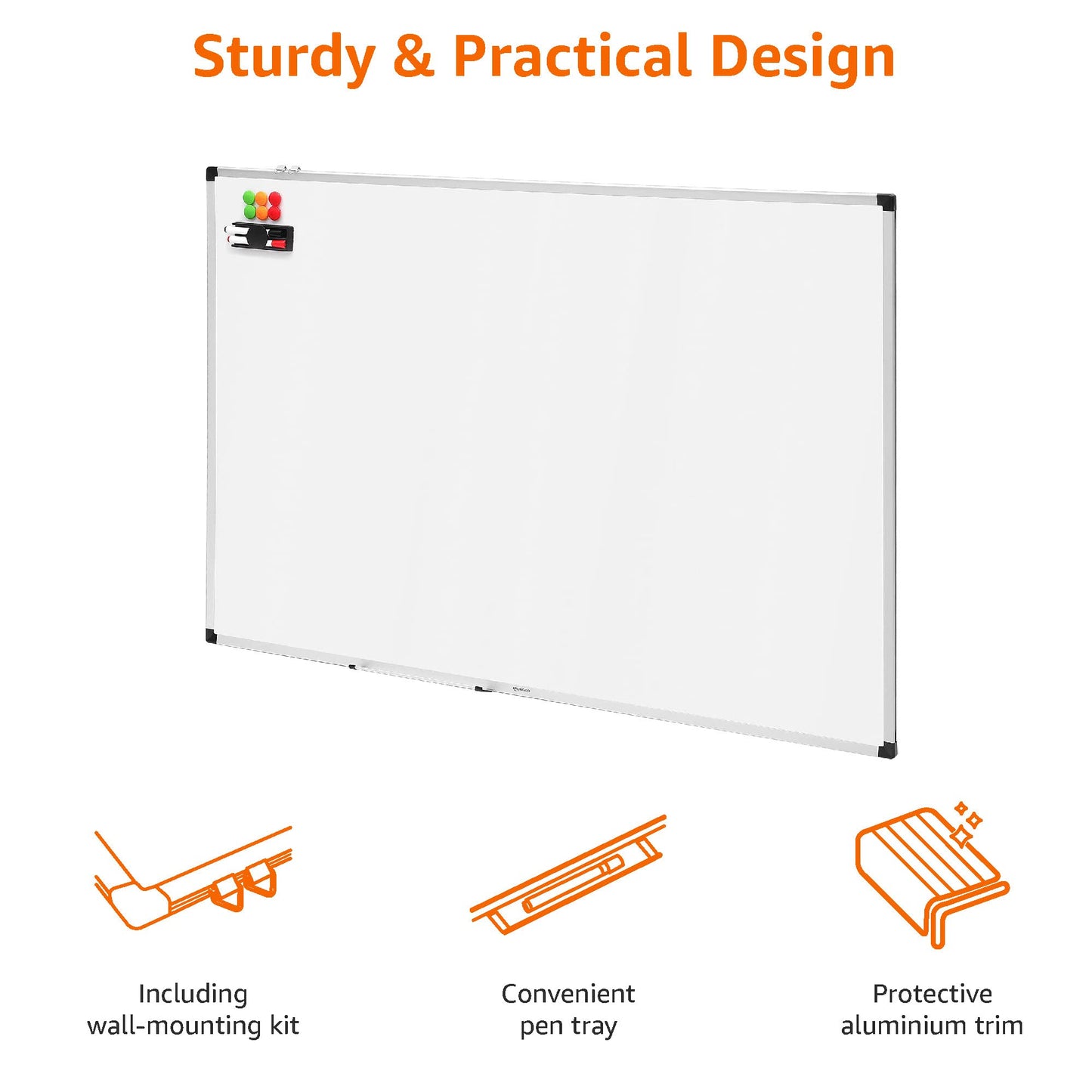 Amazon Basics magnetic whiteboard with aluminum frame, pen holder, 6 magnets, 1 eraser and 2 markers for office and home, wall mounting, dry wipe, 150cm x 100cm - 1548964542