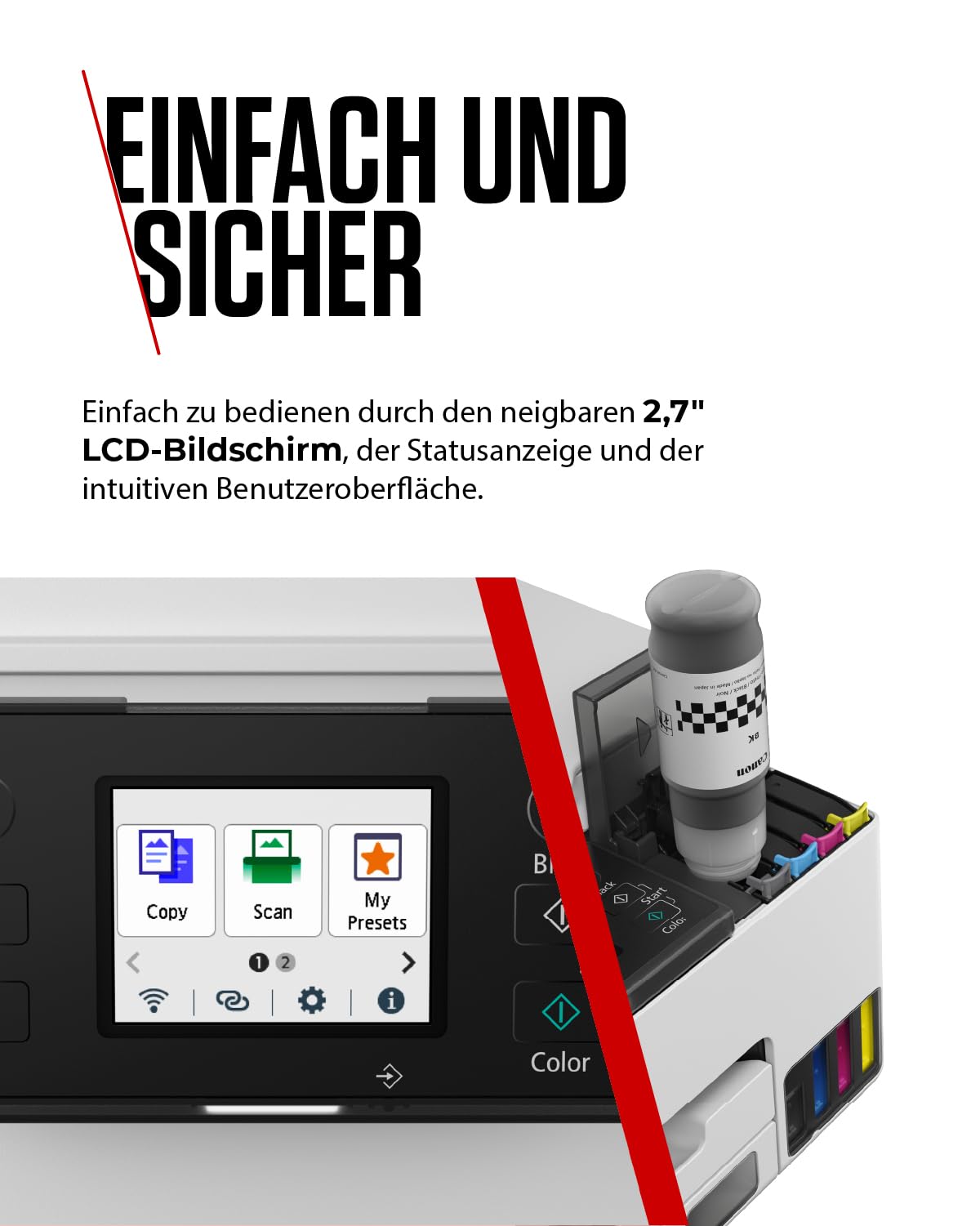 Canon MAXIFY GX2051 Imprimantă cu jet de cerneală 4-in-1 Multifuncțională DIN A4 (Imprimantă, Scanner, Copiator, Fax, ADF, 600x1200 DPI, WLAN, USB, Imprimare duplex, Casetă de 250 de coli) Include 6 x Sticle de cerneală