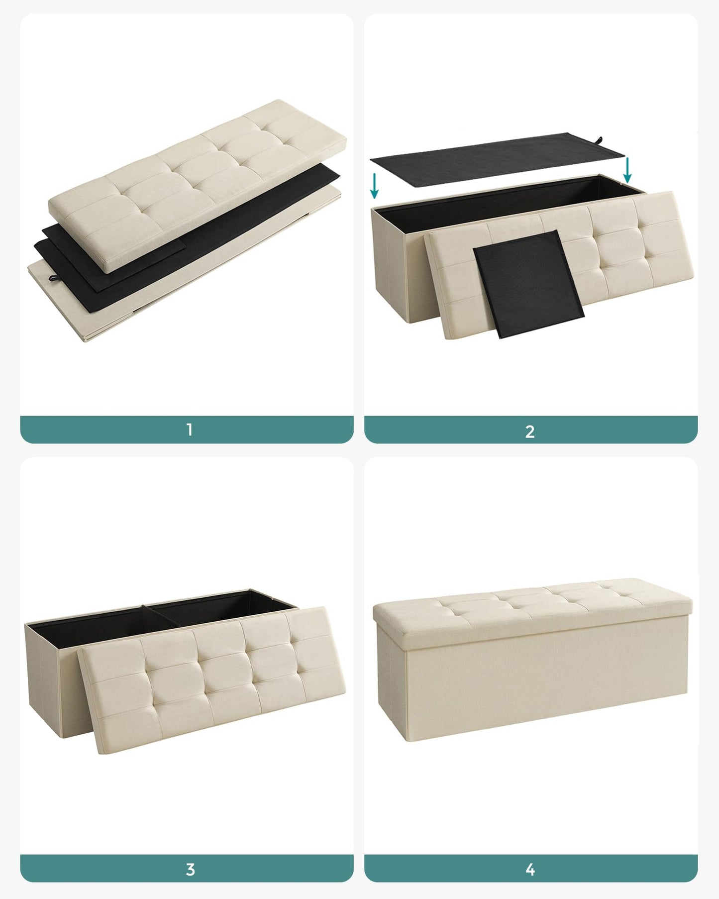 SONGMICS stool with storage space, folding bench, 38 x 110 x 38 cm footstool, storage box, loads up to 300 kg, for living room, bedroom, hallway, cream white LSF77BE