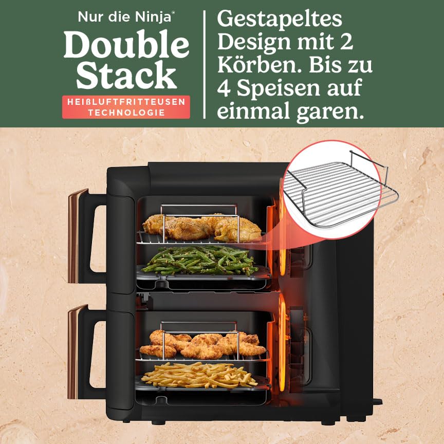 Ninja Double Stack XL Air Fryer, 2 Vertical Drawers, 4 Cooking Levels, 2 Shelves, Space Saving Design, 9.5L Capacity, 6 Functions, 8 Servings, Tongs, Black/Copper SL400EUCP