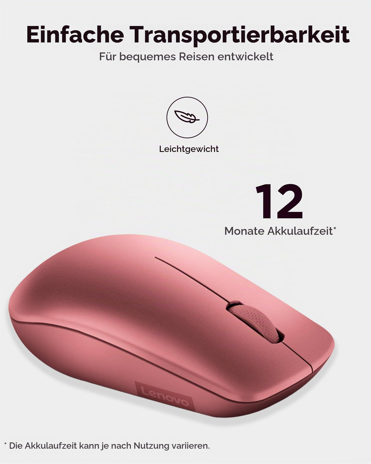 Lenovo 530 Mouse Wireless, design ambidextru, conexiune Nano-USB, compatibil cu laptopuri și PC-uri Windows, roșu cires - GY50Z18990