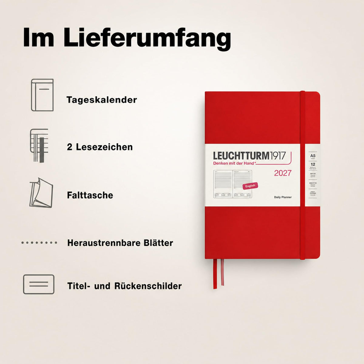 LEUCHTTURM1917 Daily Calendar 2027 Medium (A5) - English, Cherry, 145 x 210 mm, January-December (12 months), 1 page per day, hourly grid 7:00-22:00, hardcover, 80 g/m² paper - 400326