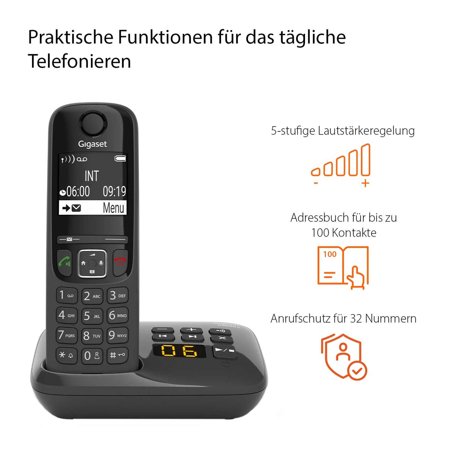 Gigaset AS690A Duo - 2 cordless DECT telephones with answering machine - high-contrast display - adjustable sound profiles - hands-free function - call protection, black [German version]