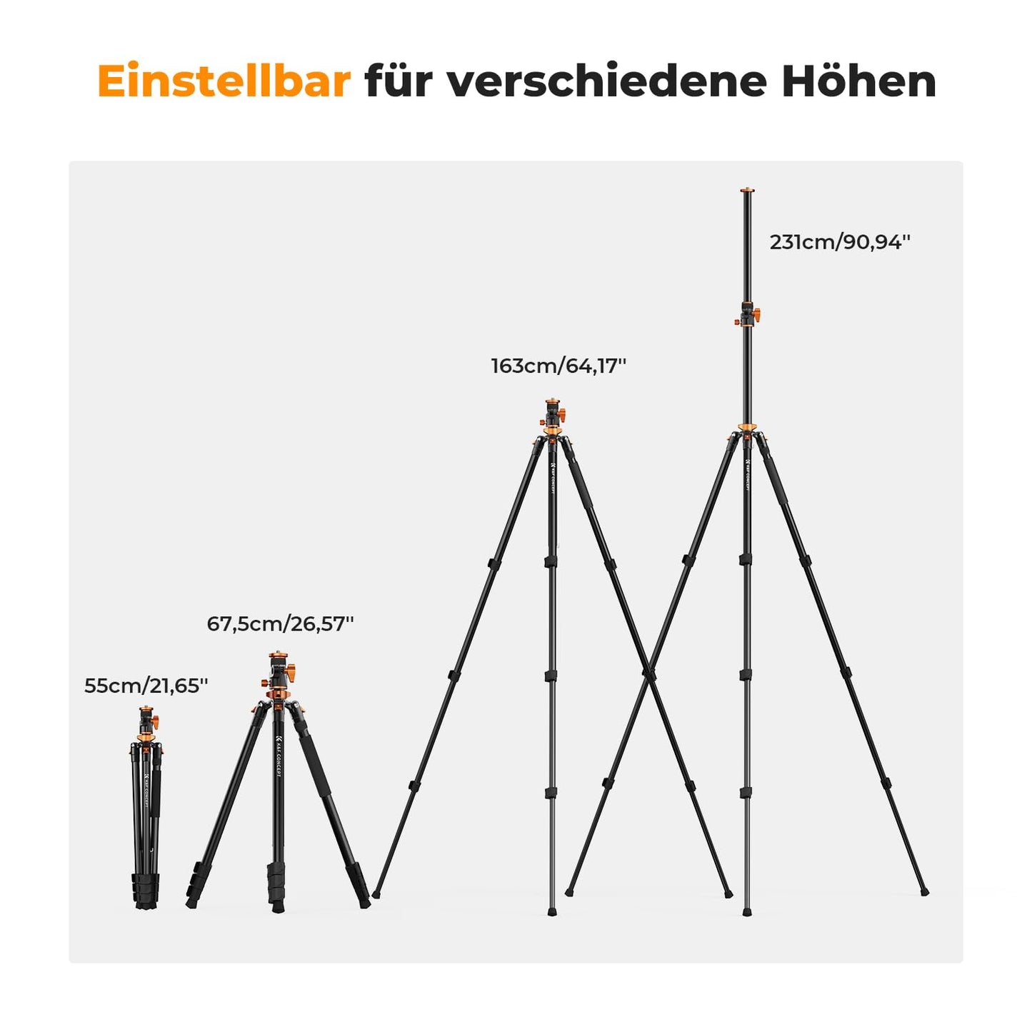 Camera tripod, K&F CONCEPT video tripod video tripod with fluid head, 231cm tripod with 90° center column and removable monopod, aluminum travel tripod T254A7+FH-03 for DSLR, camcorders, cameras