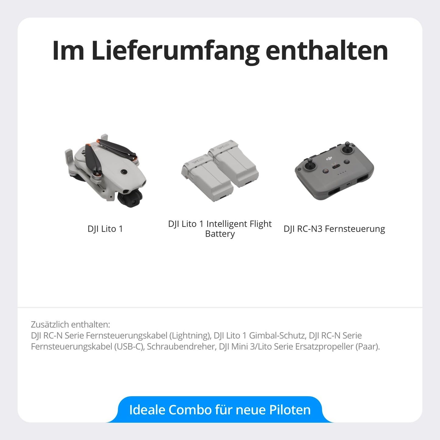 DJI Lito 1 Combo with two batteries with DJI RC-N3, drone with 4K camera for beginners, obstacle detection, ActiveTrack, 4K video & 8K photo, lightweight, for adults, 15 km video transmission, 2 batteries, C0 - 6937224146860