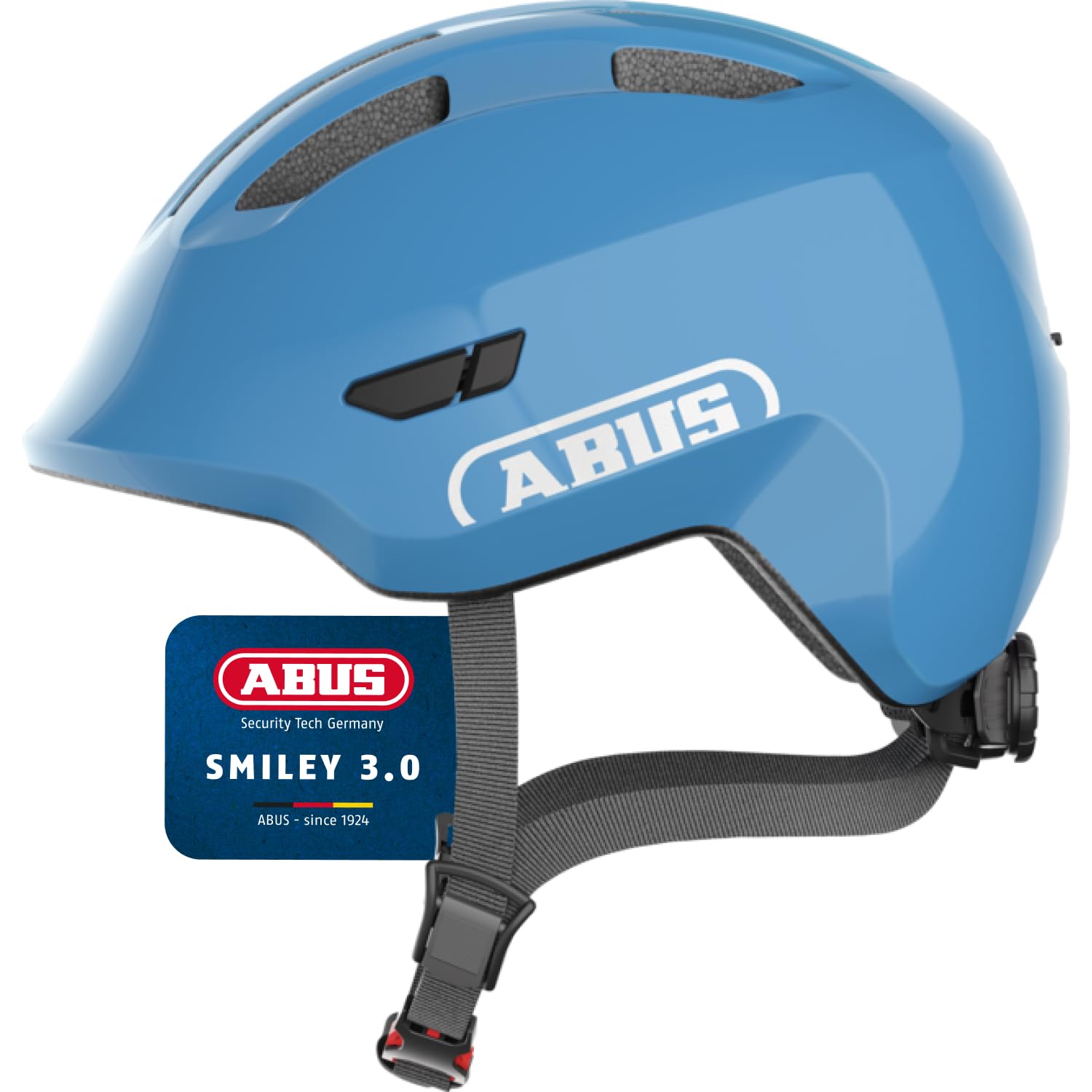 ABUS children's helmet Smiley 3.0 - bicycle helmet with a deep fit, child-friendly designs & space for a braid - for girls and boys - blue (shiny blue), size S - 67294