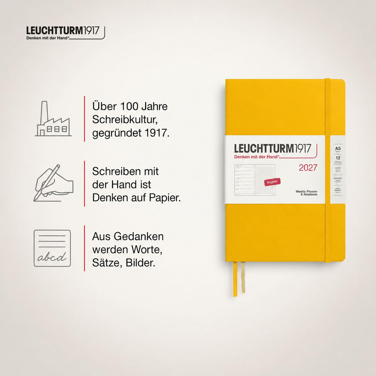 LEUCHTTURM1917 calendar săptămânal 2027 punctat mediu (A5) cu caiet, punctat - planificator de întâlniri engleză, floarea soarelui, copertă cartonată, 145 x 210 mm, ianuarie-decembrie 2027, prezentare săptămânală în stânga + pagina de note în dreapta -