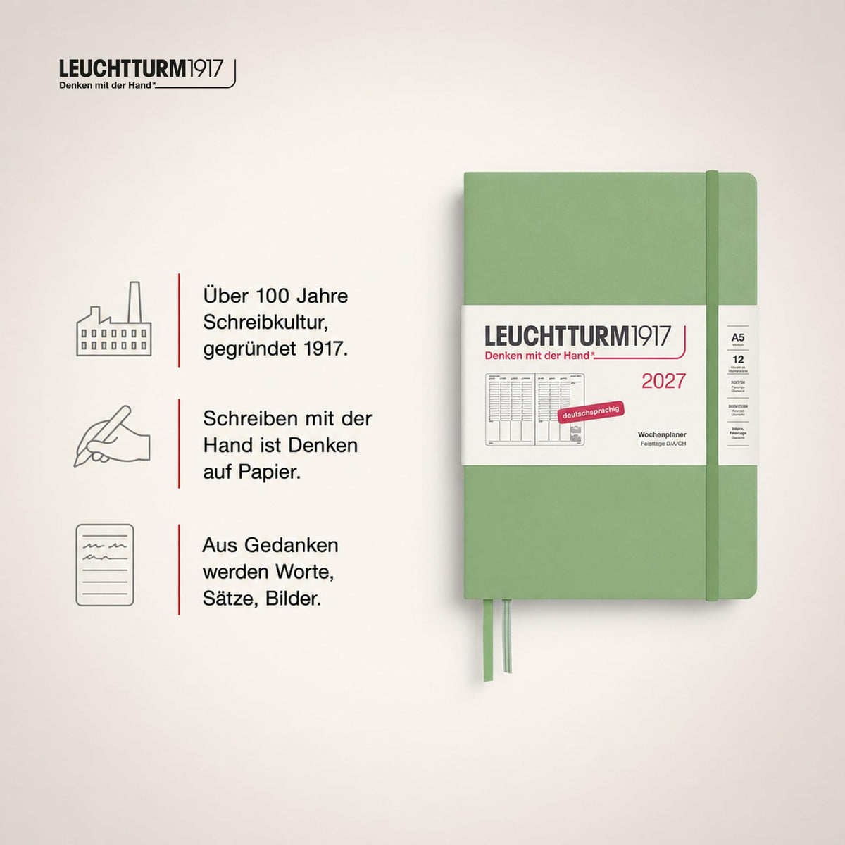 LEUCHTTURM1917 planificator săptămânal 2027 Medium (A5) - germană, salvie, 210 x 145 mm, ianuarie-decembrie (12 luni), prezentare generală săptămânală cu grilă orară 7:00-22:00 per coloană, copertă cartonată, hârtie de 80 g/m² - 400149