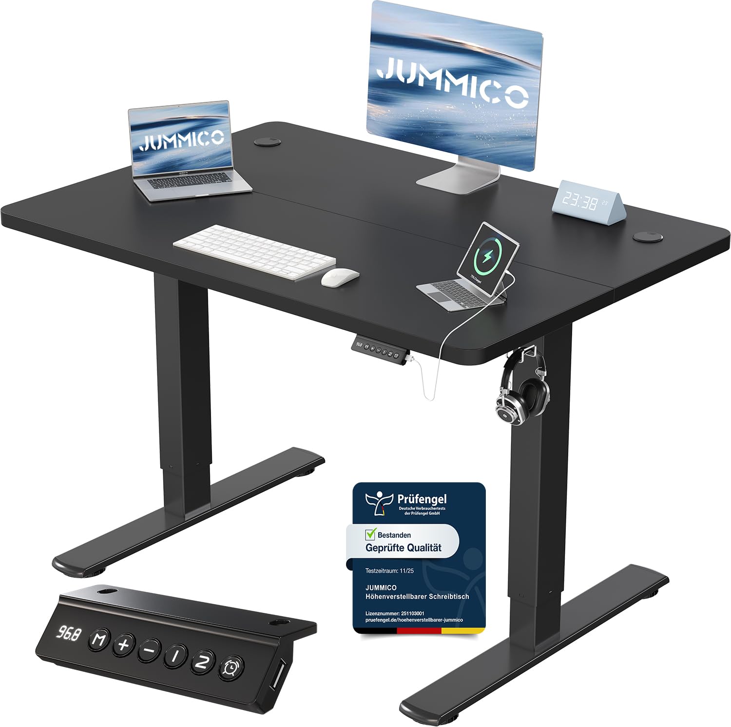Birou reglabil pe înălțime JUMMICO cu port de încărcare USB, birou reglabil electric pe înălțime 100 x 60 cm, masă stand-sit, birou standing, masă de calculator reglabilă, birou standing, negru - 0403