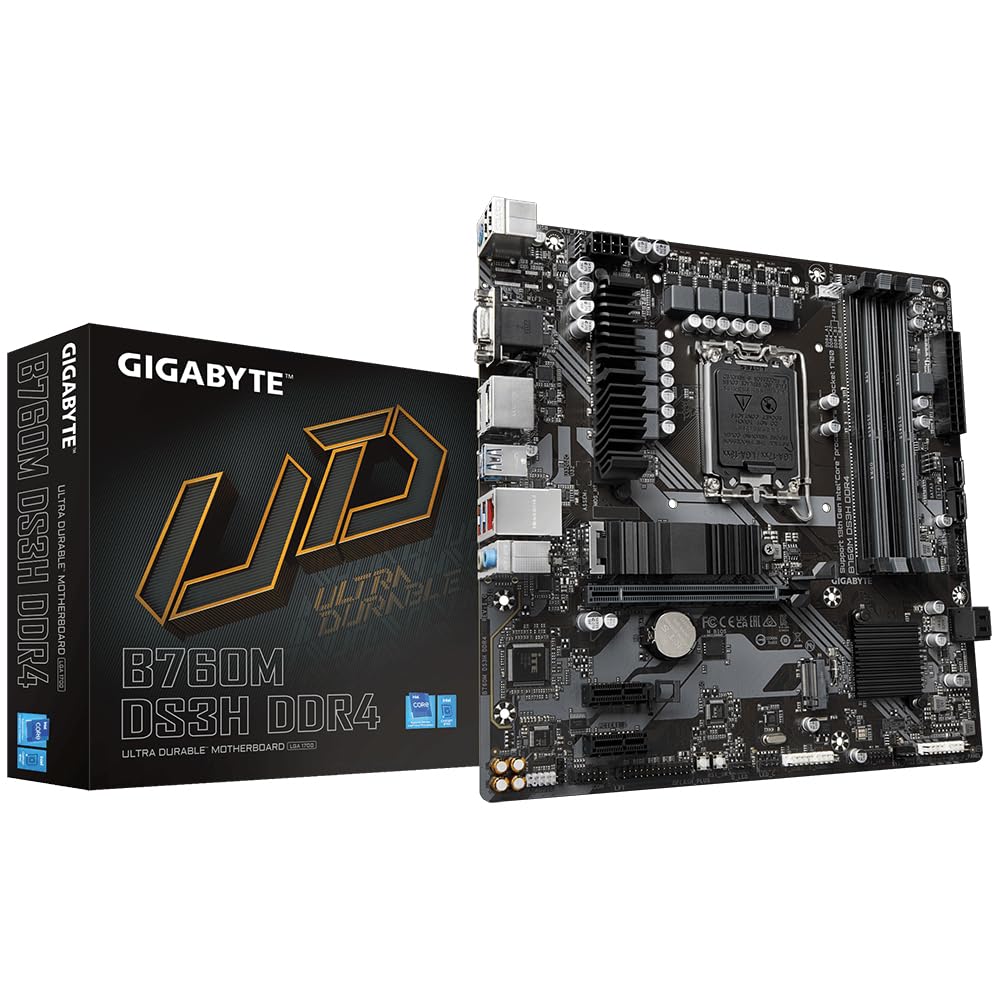 Placa de bază GIGABYTE B760M DS3H DDR4 - Suportă procesoare Intel Core de generația a 14-a, VRM digital cu 6+2+1 faze, până la 5333MHz DDR4 (OC), 2xPCIe 4.0 M.2, LAN 2.5GbE, USB 3.2 Gen2