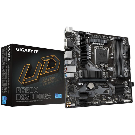 Placa de bază GIGABYTE B760M DS3H DDR4 - Suportă procesoare Intel Core de generația a 14-a, VRM digital cu 6+2+1 faze, până la 5333MHz DDR4 (OC), 2xPCIe 4.0 M.2, LAN 2.5GbE, USB 3.2 Gen2
