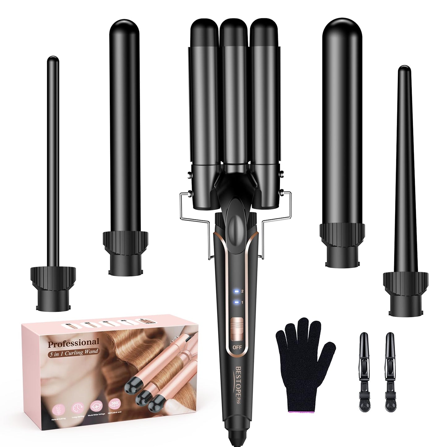 Curling iron curling irons 3 barrels wave iron 5 in 1 - curling iron set 3 barrels for large waves, temperature setting, quick heating and a glove, 2 clips, black - MD-J18