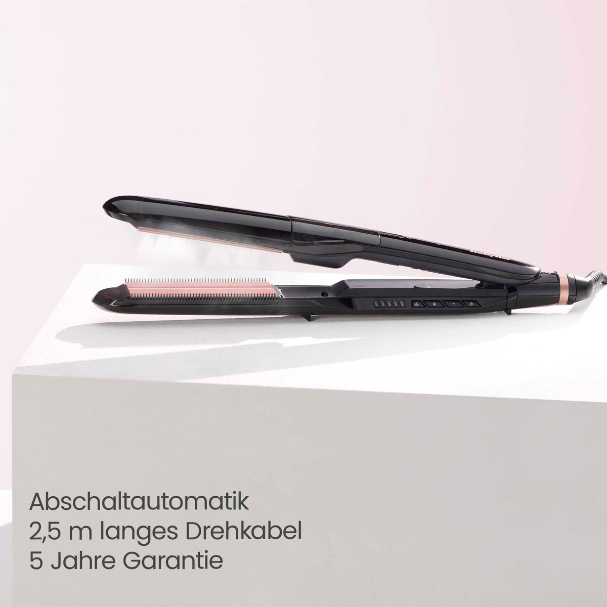 BaByliss Steam Smooth Îndreptător de păr, aparat de styling cu aburi, Negru | Plăci ceramice XL de 39mm, îndreptător pentru păr gros și lung, îndreptare anti-frizz, 5 niveluri de temperatură până la 230°C, ST493E - 997-81081