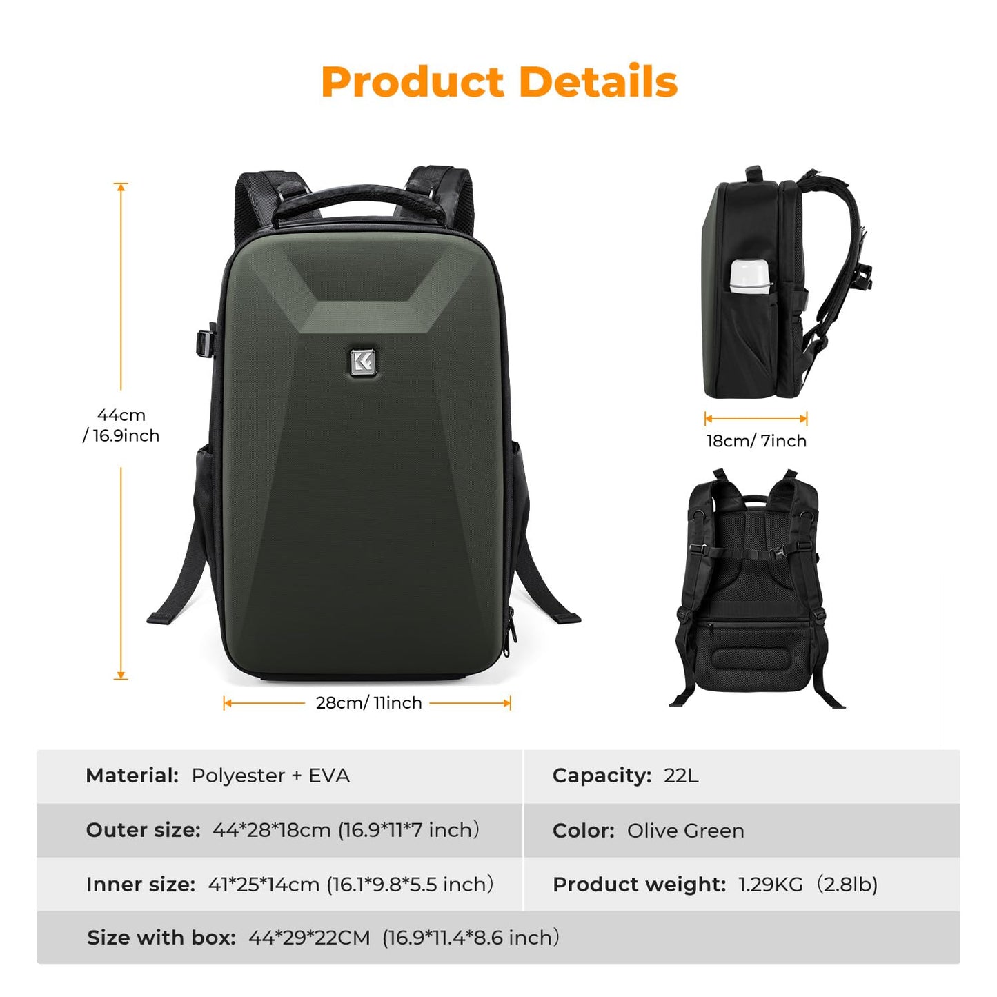 K&F CONCEPT camera backpack photo backpack with hard shell camera bag with 15.6 inch laptop compartment and rain cover, backpack for drones - KF13.134V9