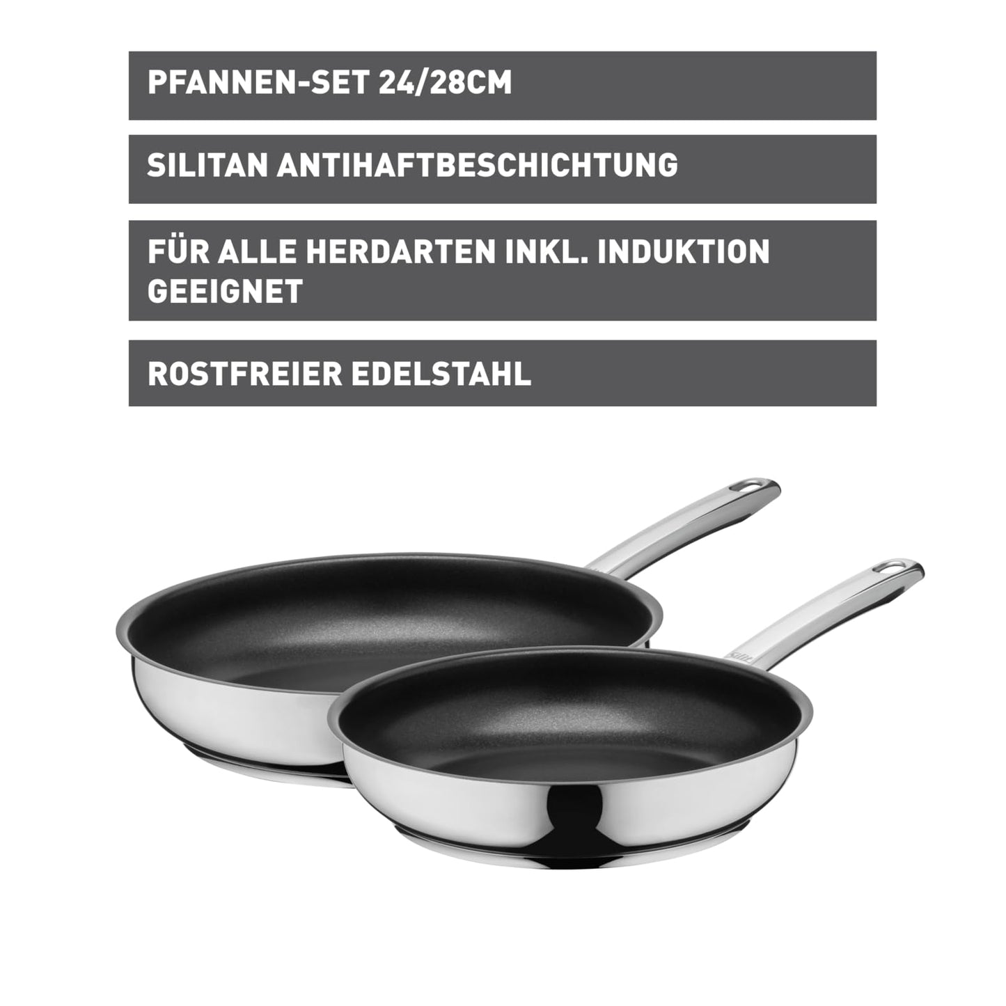 Silit Calabria 2-piece induction pan set, 2 frying pans 24, 28 cm, polished stainless steel, non-stick coating, oven-safe, heat-reducing handle, wide pouring rim, suitable for induction - 2133305491