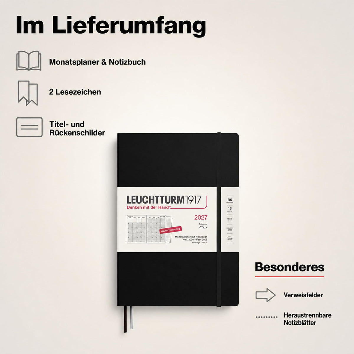 LEUCHTTURM1917 planificator lunar cu caiet 2027 Compoziție (B5) - germană, negru, copertă moale, 16 luni (01.11.2026-28.02.2028), 132 pagini de note punctate cu cuprins - 400170