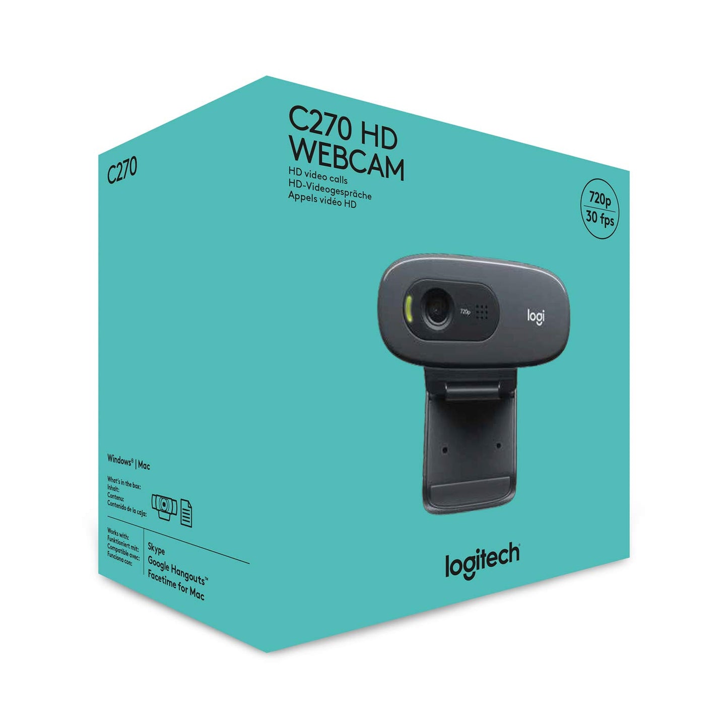 Logitech C270 Webcam, HD 720p, 60° field of view, fixed focus, exposure compensation, USB port, noise reduction, universal mount, for Skype, FaceTime, Hangouts, etc. - Black