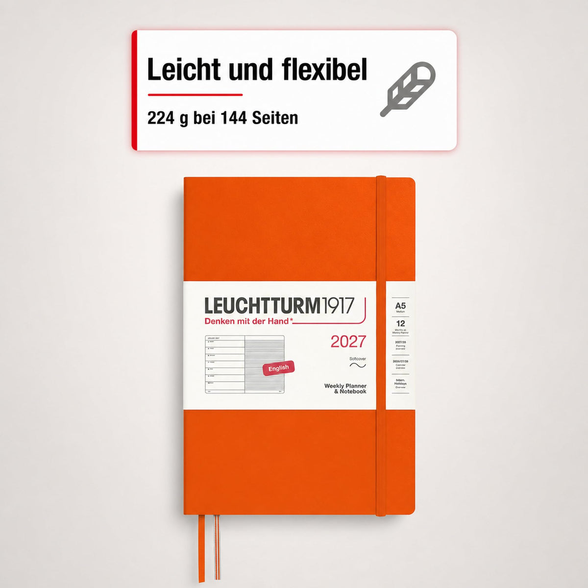 LEUCHTTURM1917 Calendar săptămânal 2027 mediu (A5) cu carnet, cu linii - planificator de întâlniri în engleză, dovleac, copertă moale, 145 x 210 mm, ianuarie-decembrie 2027, prezentare generală săptămânală în stânga + pagină cu note în dreapta - 400236
