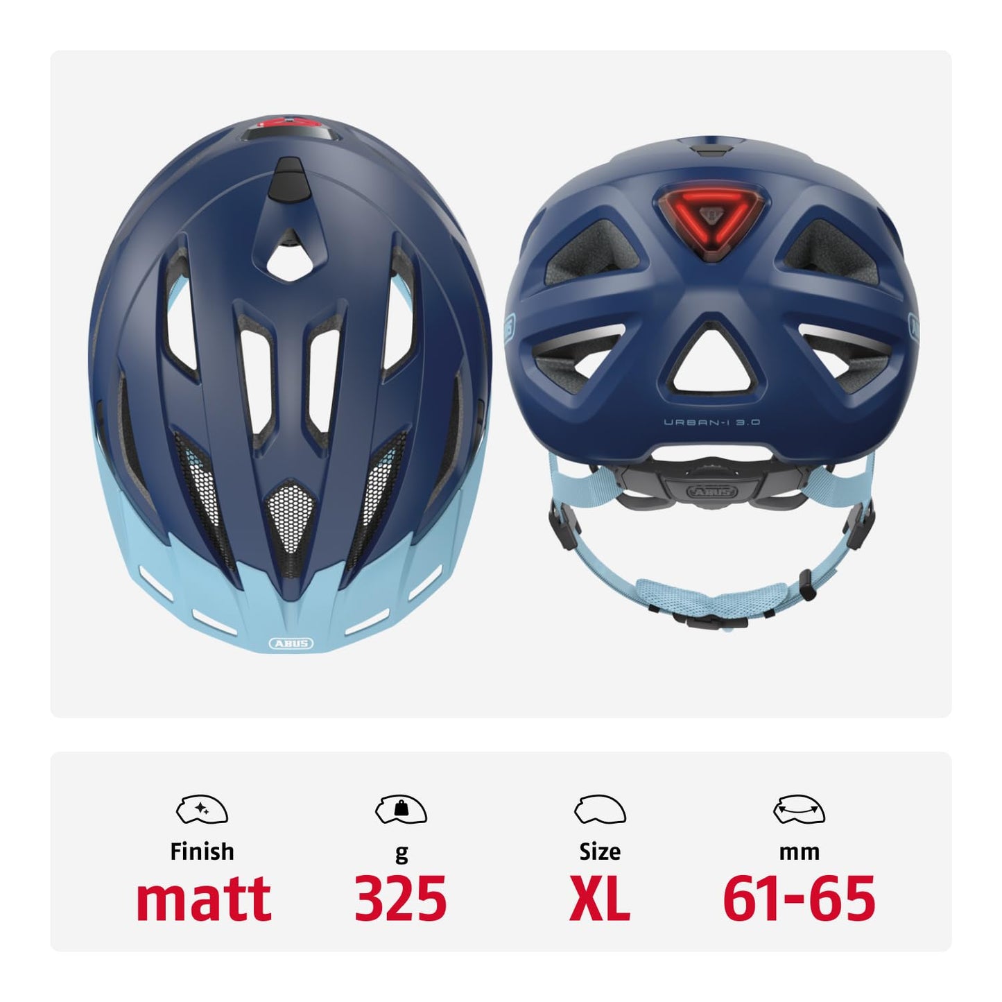 ABUS city helmet Urban-I 3.0 - bicycle helmet with rear light, peak and magnetic closure - for women and men - dark blue, size XL - 86881