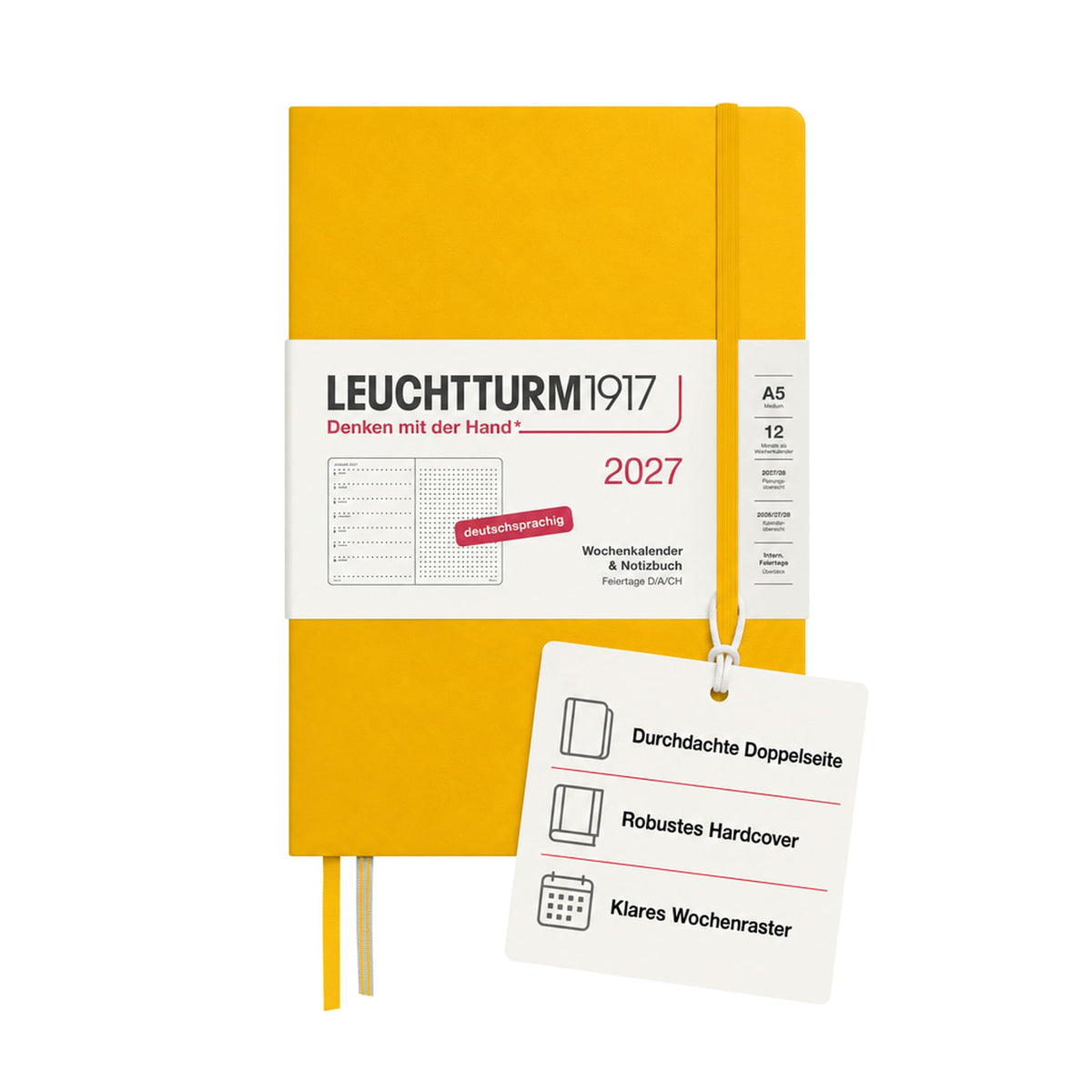 LEUCHTTURM1917 Calendar săptămânal 2027 punctat mediu (A5) cu caiet - Planificator de întâlniri german, floarea soarelui, ianuarie-decembrie 2027, prezentare generală săptămânală în stânga + pagină cu note în dreapta - 400093