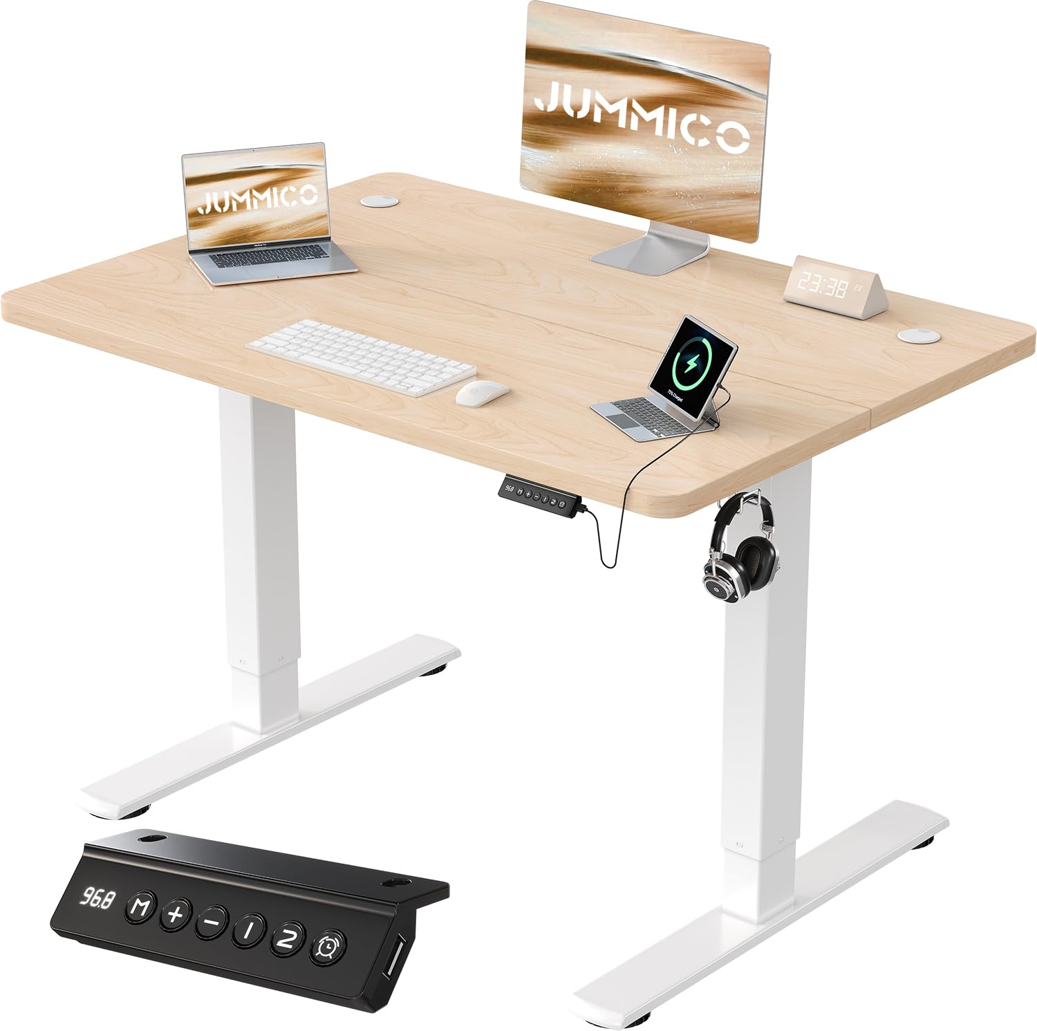 JUMMICO Birou reglabil pe înălțime cu port de încărcare USB, birou electric reglabil pe înălțime 80 x 60 cm, masă pentru șezut și stat, birou standing, masă de calculator reglabilă, birou standing, bej - 0403