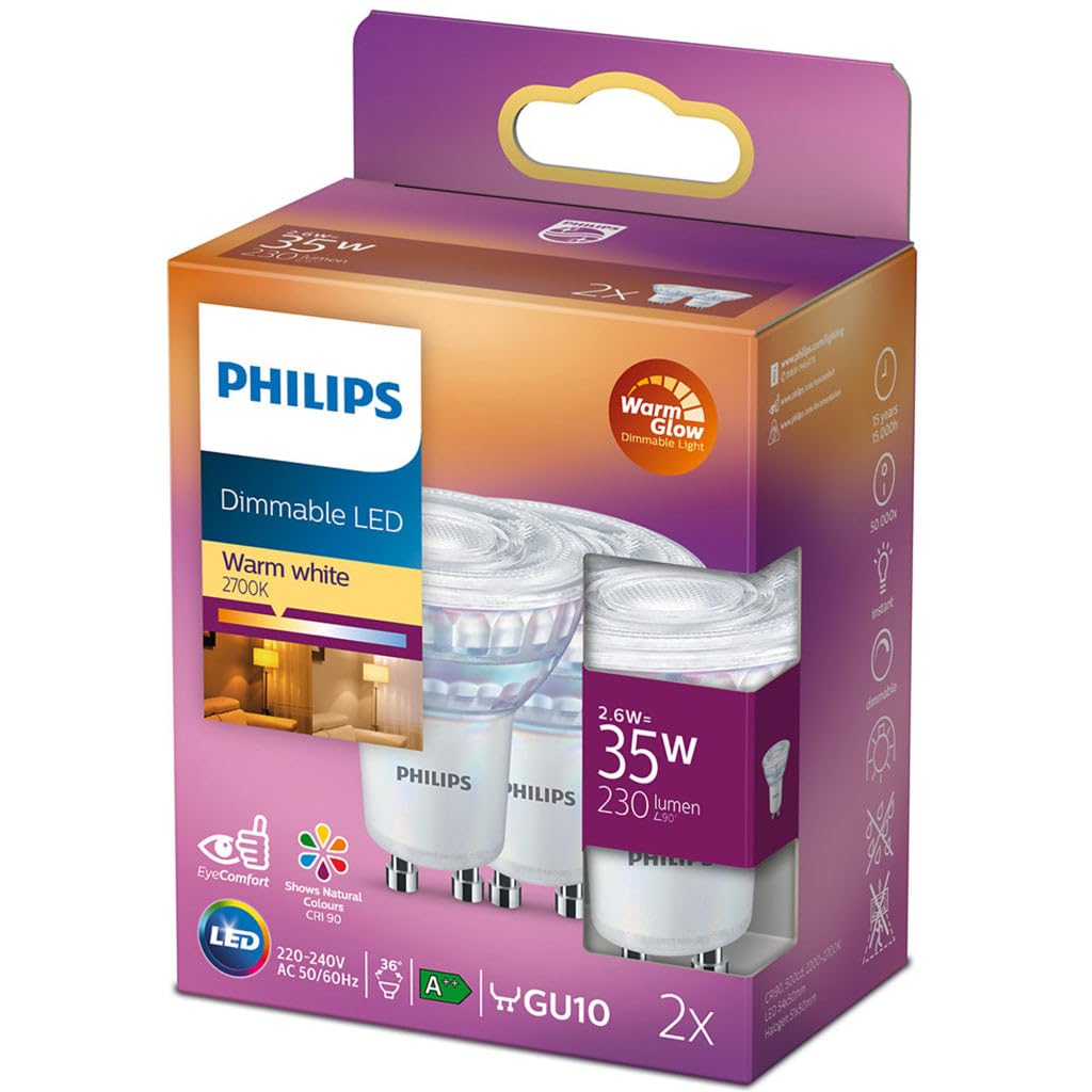Philips LED Classic GU10 lamps Warm Glow pack of 2 (35 W), dimmable reflector LED spots with warm white light, energy-saving lamps with a long useful life, warm glow dimmable - 929002065518